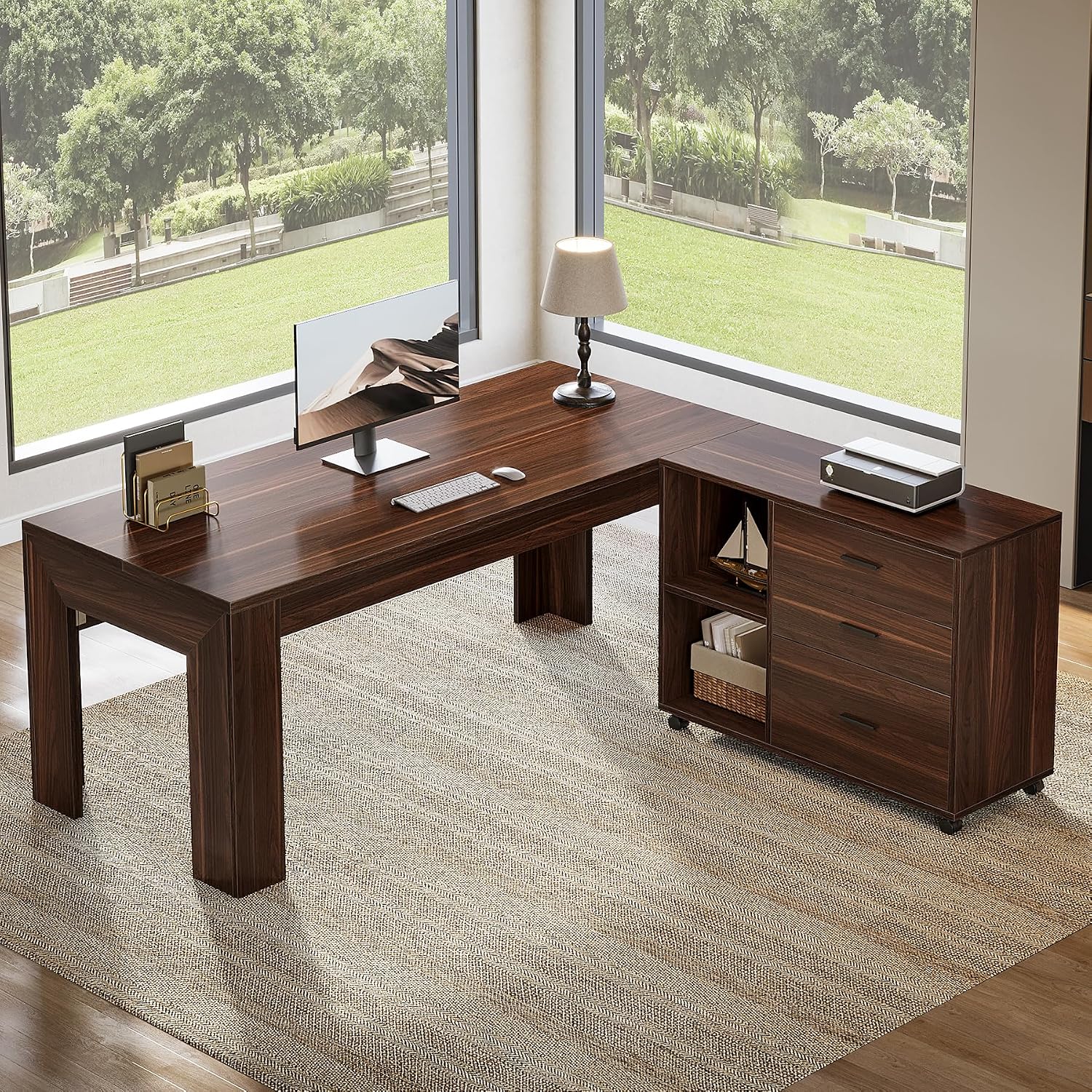 Tribesigns 63' L Shaped Desk with Storage, Executive Office Desk with Mobile Lateral File Cabinet Combo, Large Computer Table with Drawers and Shelves, Business Furniture Set for Home Office, Walnut