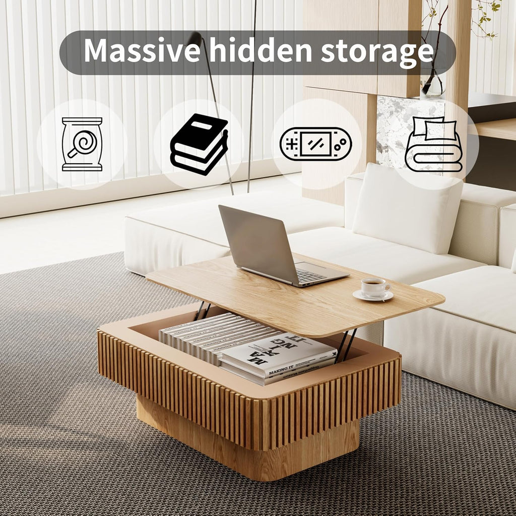 38.6'' Lift-top Coffee Table Solid Wood Veneered Center Table Rectangular Fluted Table with Storage and Adjustable Height for Living Room Apartment Office, Oak