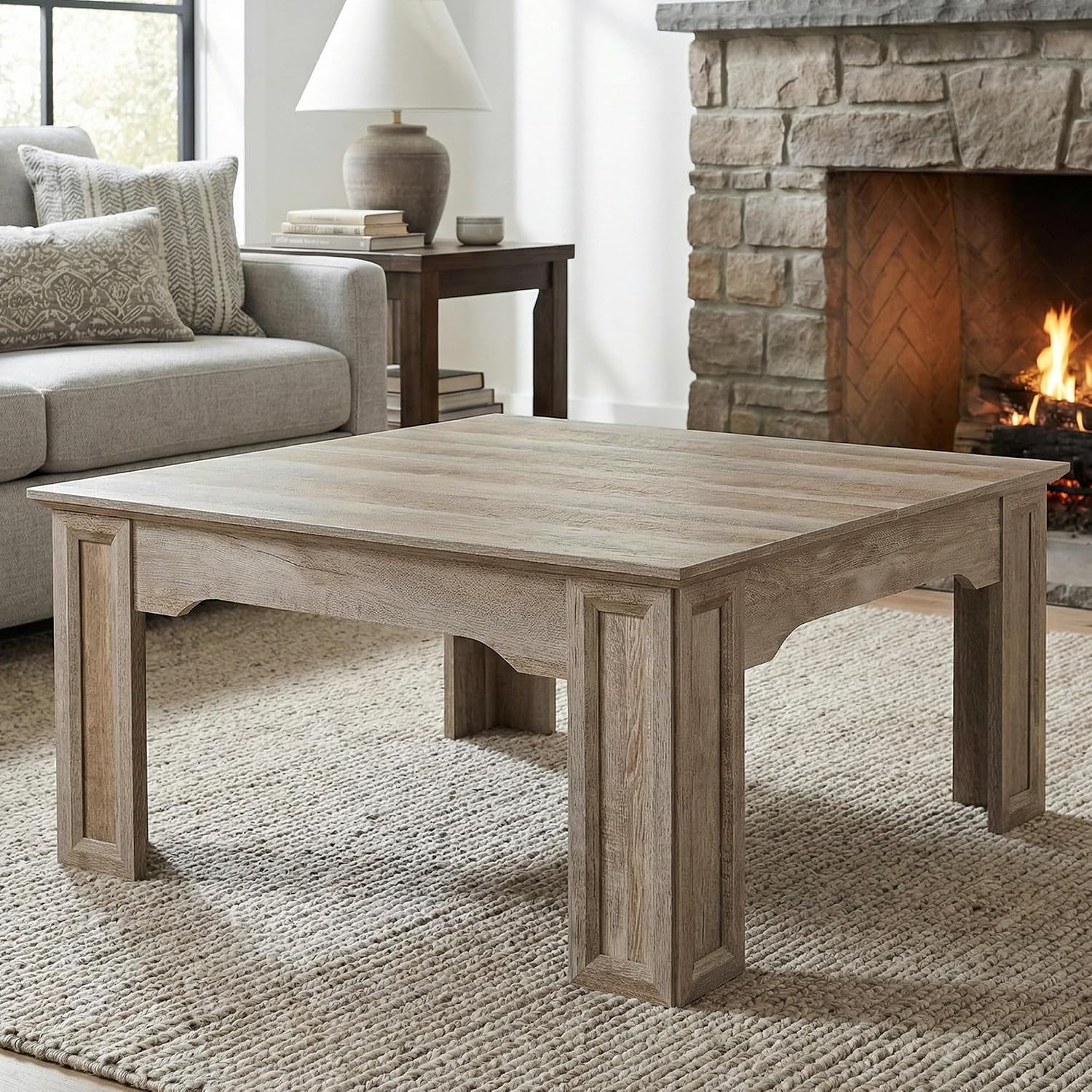 Square Coffee Table for Living Room, 39.4'' Farmhouse Wood Grain Finish Coffee Table with Carved Legs, Rustic Simple Style Center Table, Easy Assembly, Grey Wood