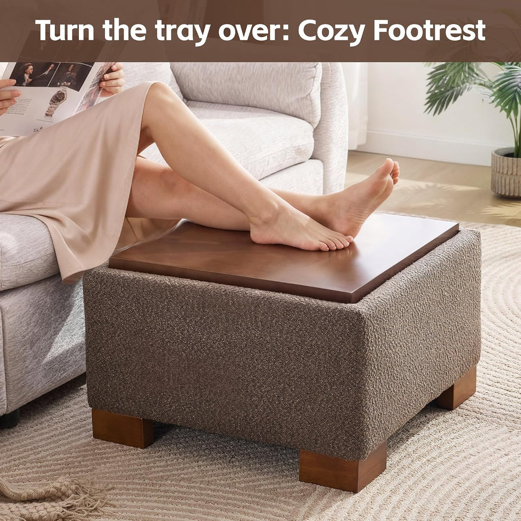 WUTUTUEE 24' Square Ottoman Coffee Table with Storage, Boucle Ottomans with Tray and Solid Wood Legs for Living Room, Bedroom and Apartments, Small Modern Ottoman Tea Table with Lift-Off Lid, Brown