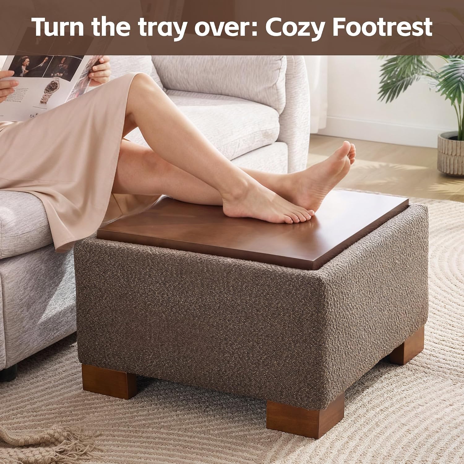WUTUTUEE 24' Square Ottoman Coffee Table with Storage, Boucle Ottomans with Tray and Solid Wood Legs for Living Room, Bedroom and Apartments, Small Modern Ottoman Tea Table with Lift-Off Lid, Brown