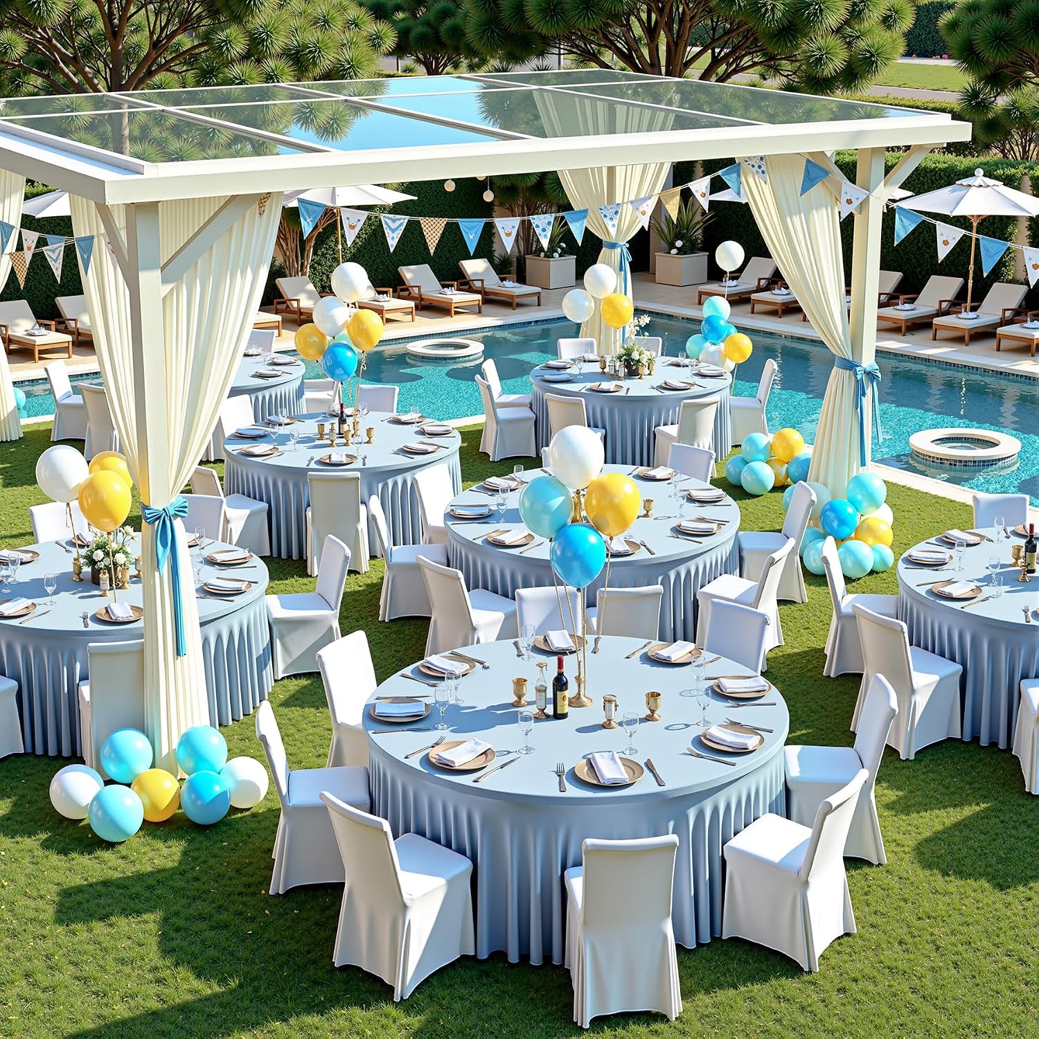 NSSONBEN 6 pk Dusty Blue Spandex Round Table Cloths for 60inch Table, Wrinkle Free 120inch Stretchy Fitted 5ft Round Table Covers with Skirt for Wedding Birthday Graduation Parties Banquet Events