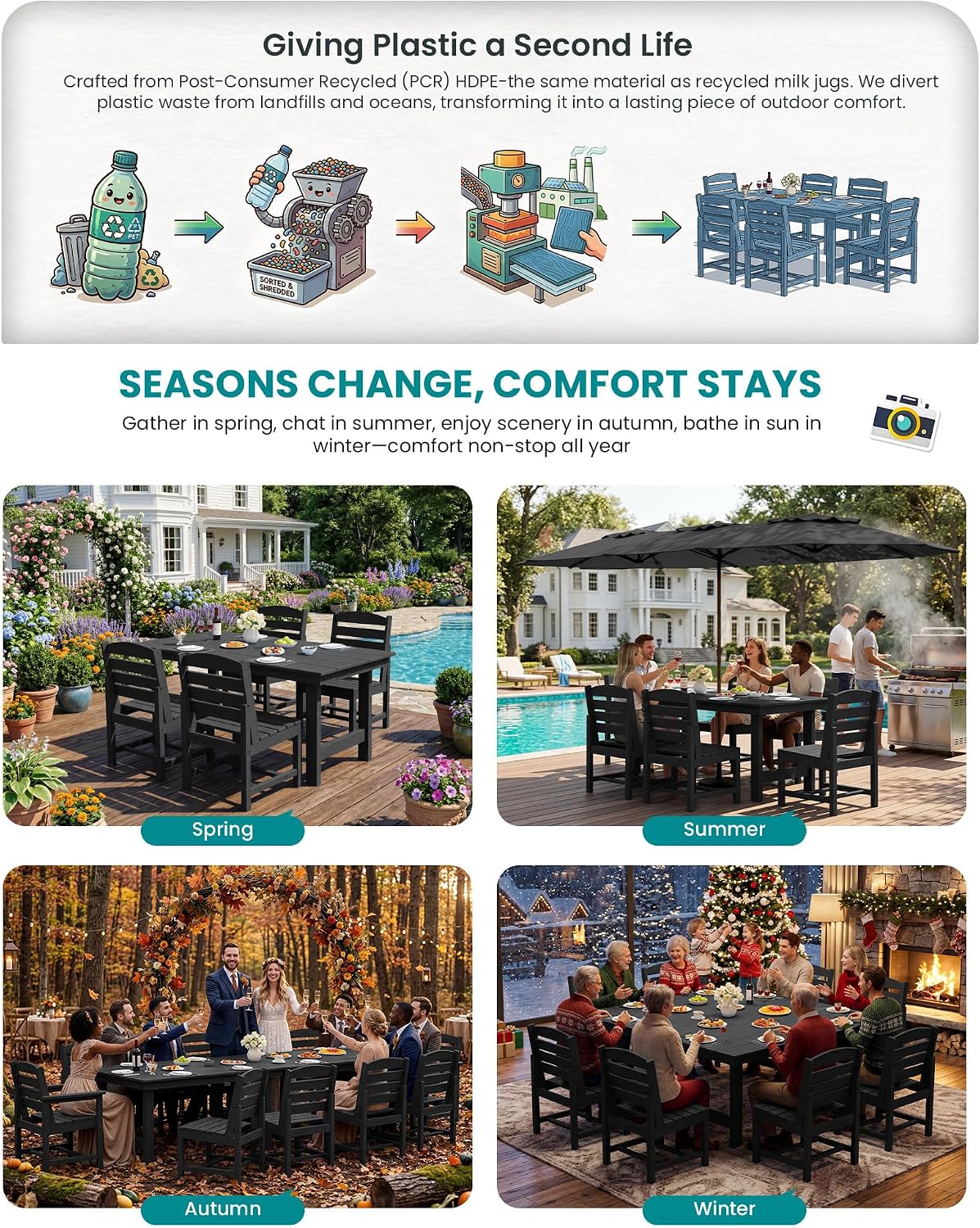 SERWALL Patio Dining Sets for 10 Person, HDPE Dining Set with 2 Tables, 8 Armless Chairs and 2 Armed Dining Chairs, Black