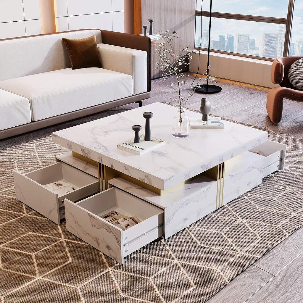GDFStudio Barsv Modern Square Coffee Table with 4 Drawers, Stylish Storage Accent Table, Living Room Furniture with Ample Space, Remote Control Organizer, Glam Home Decor, White + Gold