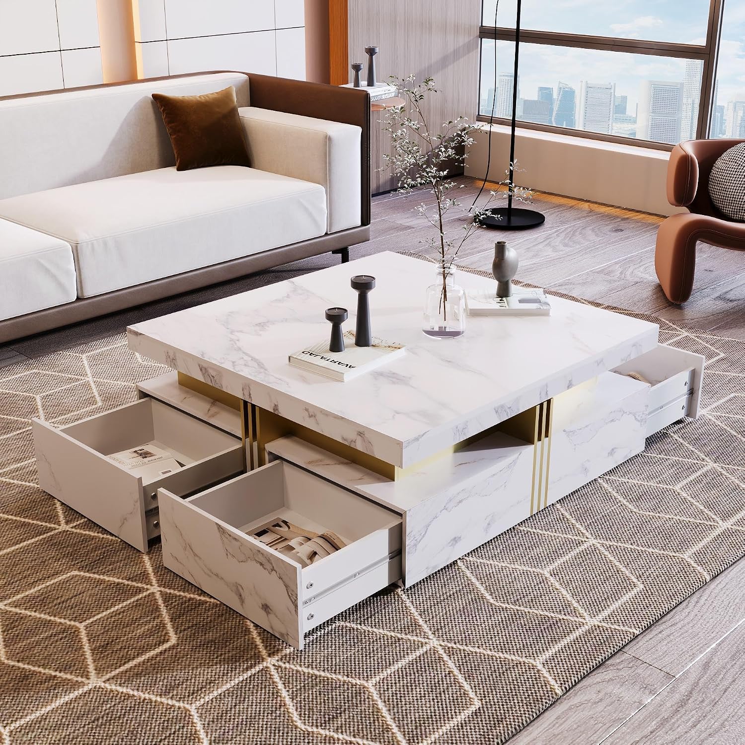 GDFStudio Barsv Modern Square Coffee Table with 4 Drawers, Stylish Storage Accent Table, Living Room Furniture with Ample Space, Remote Control Organizer, Glam Home Decor, White + Gold