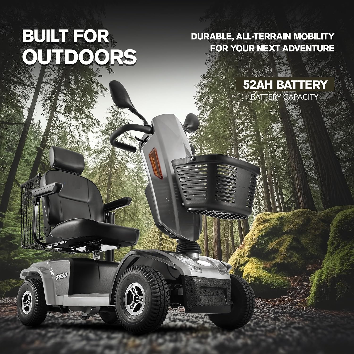 Mobility Scooters for Seniors & Adults 500 Lb Weight Foldable,Heavy Duty 4 Wheel Powered Scooter,Portable Disability Electric Wheelchair,500W Motor,52AH Battery,25 Miles Range,Rear Basket,Grey