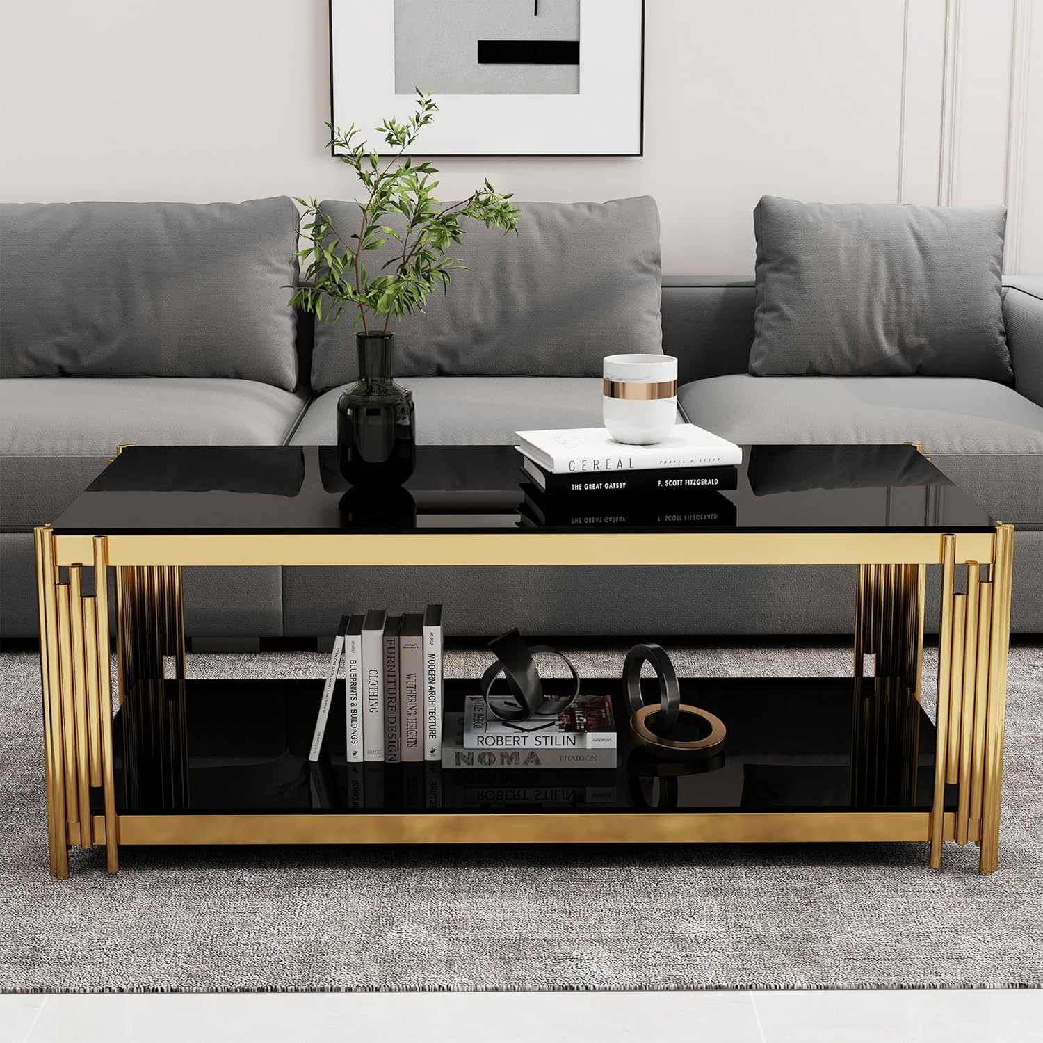 Rectangular Black Glass Coffee Table, 47' Center Table Living Room Table, Gold Stainless Steel Irregular Leg, Double-Layer Structure, Black Glass Desktop, Luxury