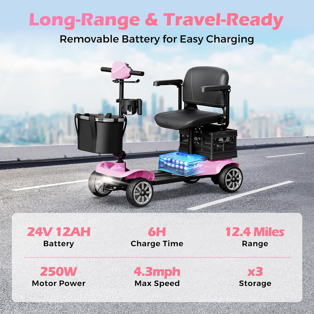 Mobility Scooter for Adults & Seniors with Removable Battery, Cruise & Airport Approved, Foldable Motorized Scooters with Dual Basket, Phone & Cup Holder, Pink
