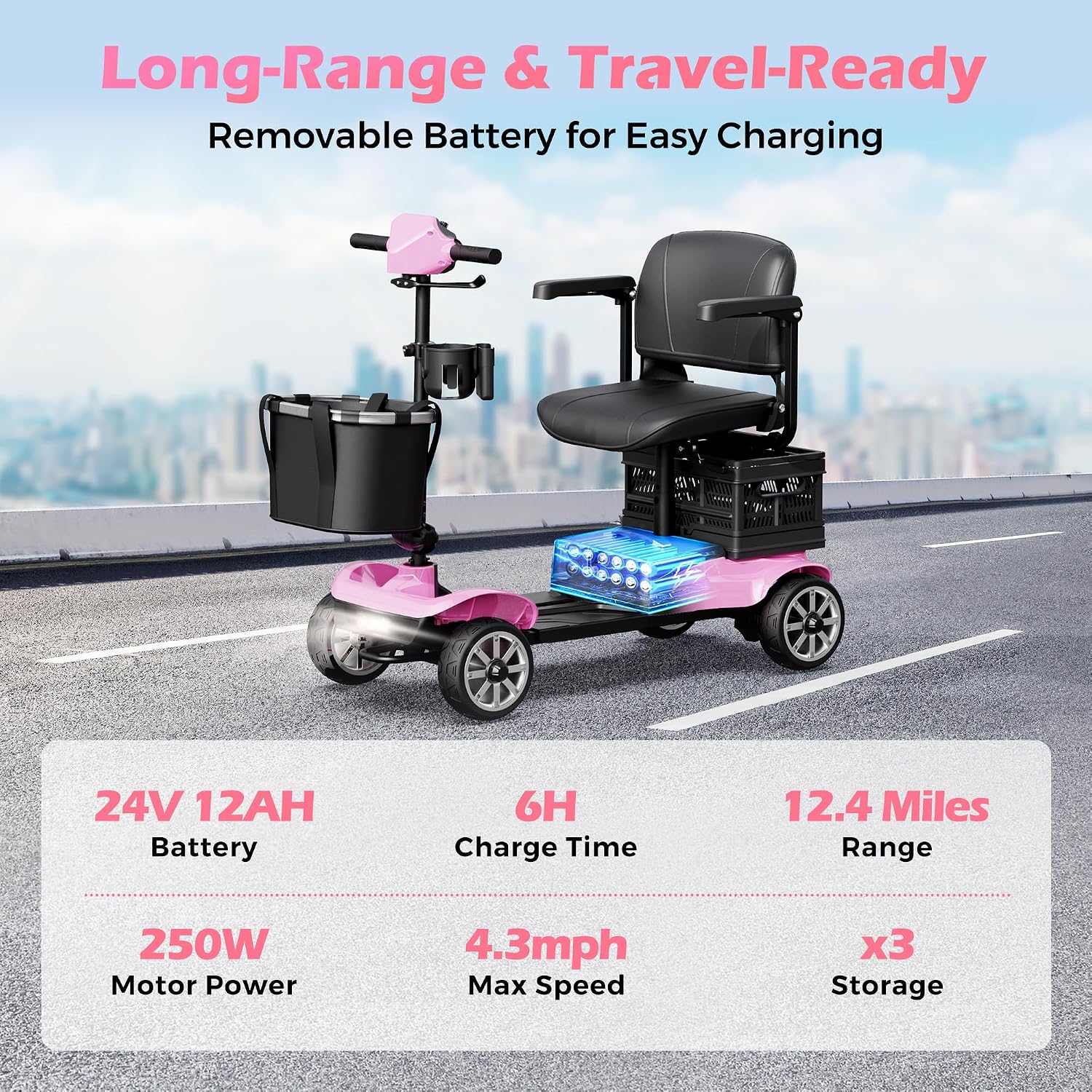 Mobility Scooter for Adults & Seniors with Removable Battery, Cruise & Airport Approved, Foldable Motorized Scooters with Dual Basket, Phone & Cup Holder, Pink