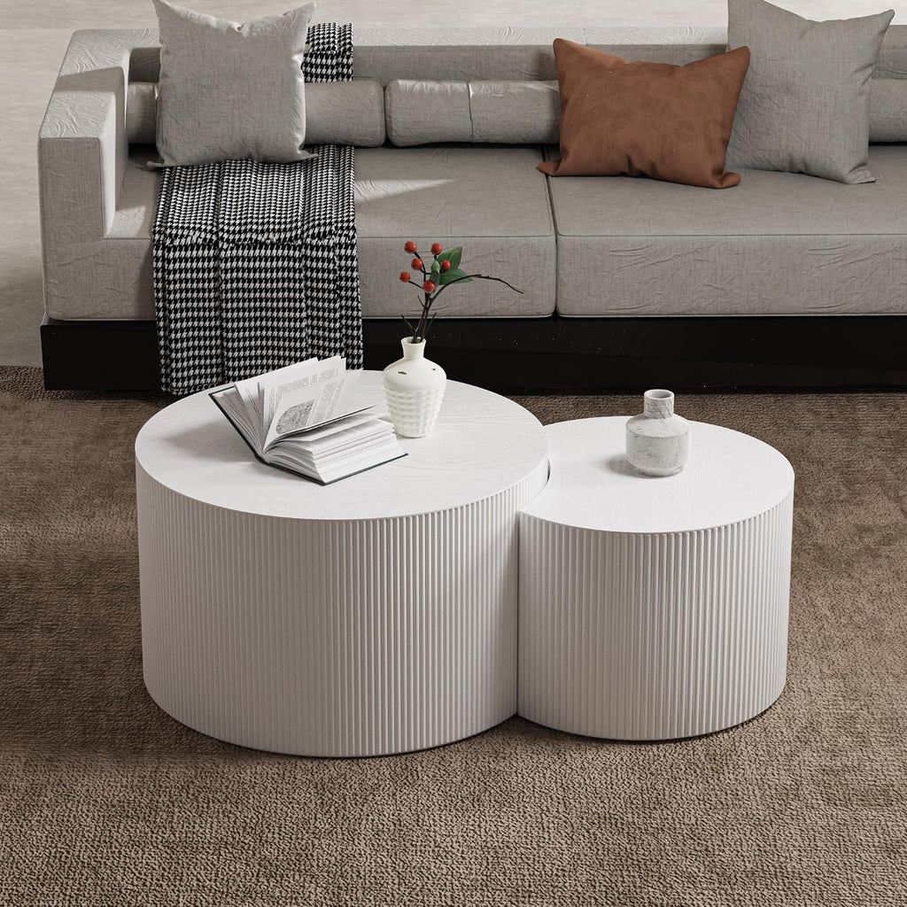 Round Coffee Table Set of 2 Modern Nesting Coffee Tables Wooden Drum Coffee Tables with Non-Slip Feet, Circle Nesting Tables End Table for Living Room Office, No Assembly (Cream 27.56'+19.69')