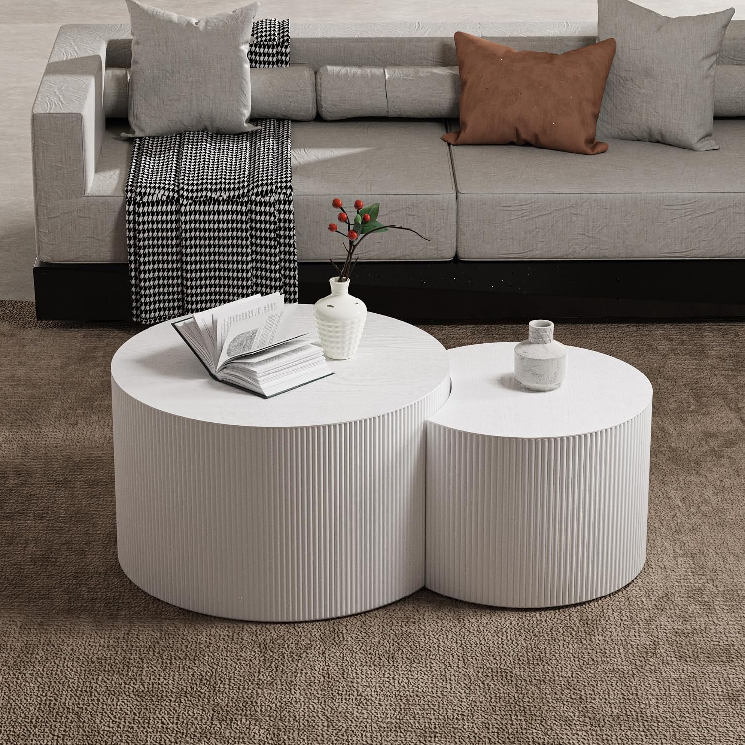 Round Coffee Table Set of 2 Modern Nesting Coffee Tables Wooden Drum Coffee Tables with Non-Slip Feet, Circle Nesting Tables End Table for Living Room Office, No Assembly (Cream 27.56'+19.69')