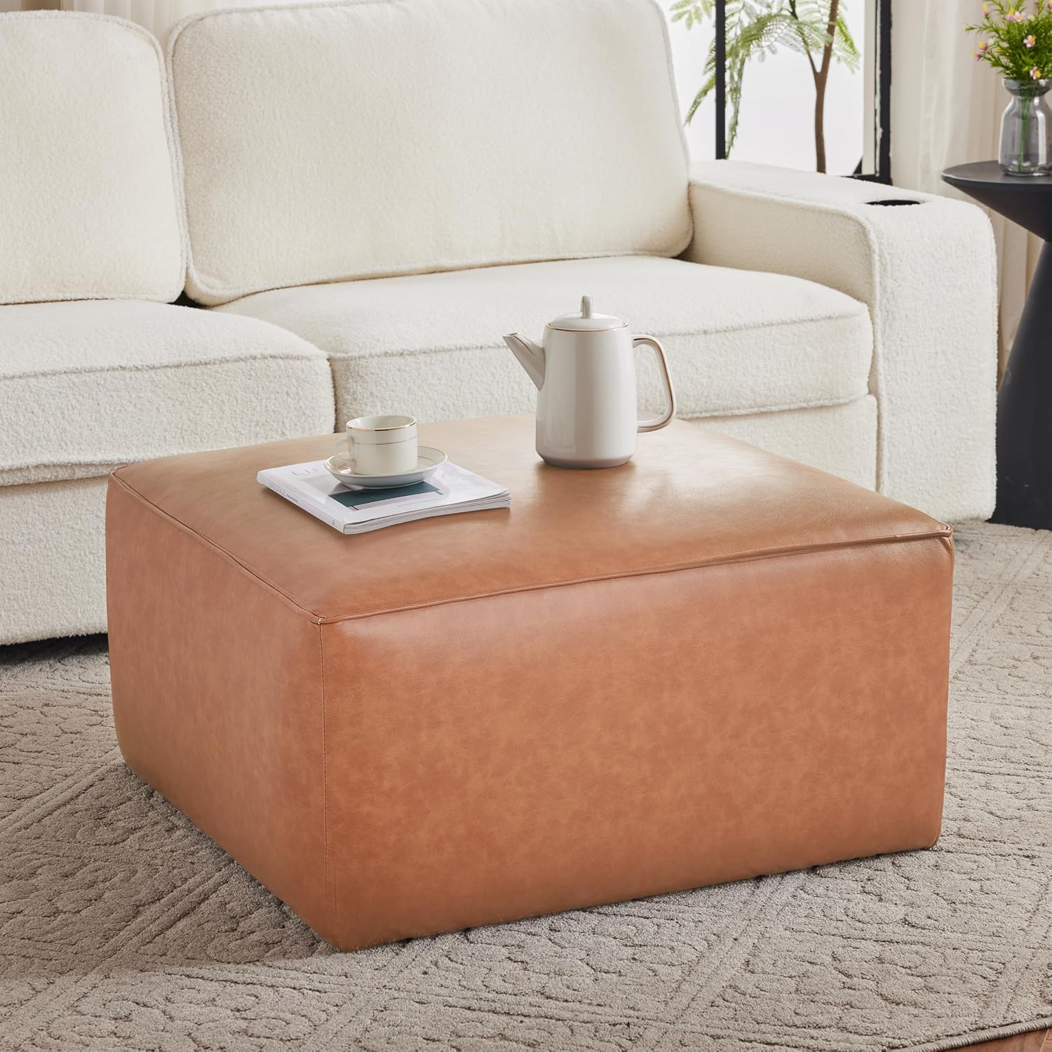Christopher Knight Home Ellis Faux Leather Ottoman Footstool, Square Pouf Poufee Footrest Ottoman Large Seat, Modern Side Table for Living Room Bedroom Home Decor Gifts, Tan Brown