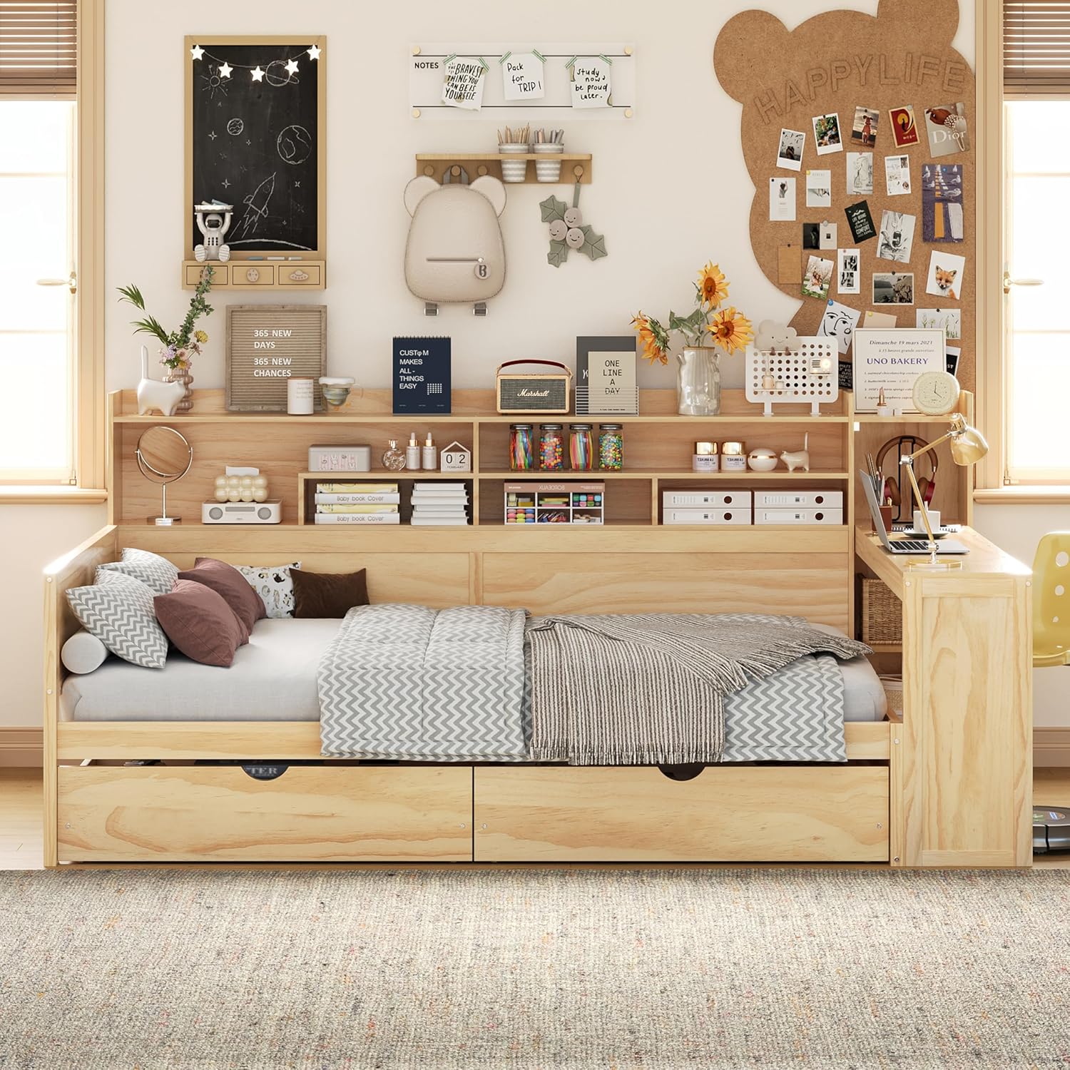 LUMISOL Full Size Daybed with Desk & Storage, Wooden Corner Bed Frame with Storage Drawers & Shelves for Living Room, Guest Room, No Box Spring Needed, Natural
