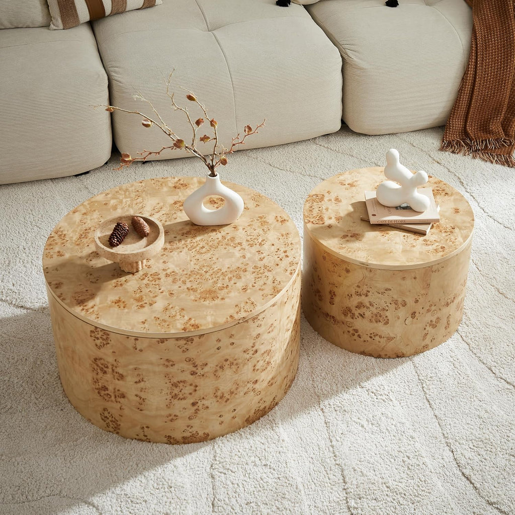 Nesting Coffee Table Set of 2 with Storage,Modern Round Burl Wood Veneer Circle Accent Side Tables for Living Room,Small Space,Bedroom,Balcony,Office,Brown(27.56'+19.69')