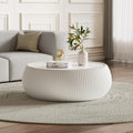 White Round Coffee Table with Sintered Stone Tabletop, 27.55' Drum Coffee Table with Fluted PU Leather Covered and Stable Base, Circle Cocktail Tea Table for Living Room