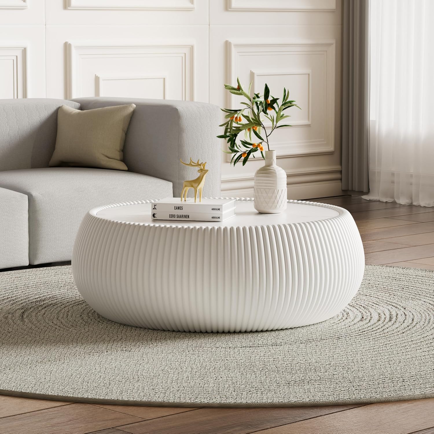 White Round Coffee Table with Sintered Stone Tabletop, 27.55' Drum Coffee Table with Fluted PU Leather Covered and Stable Base, Circle Cocktail Tea Table for Living Room