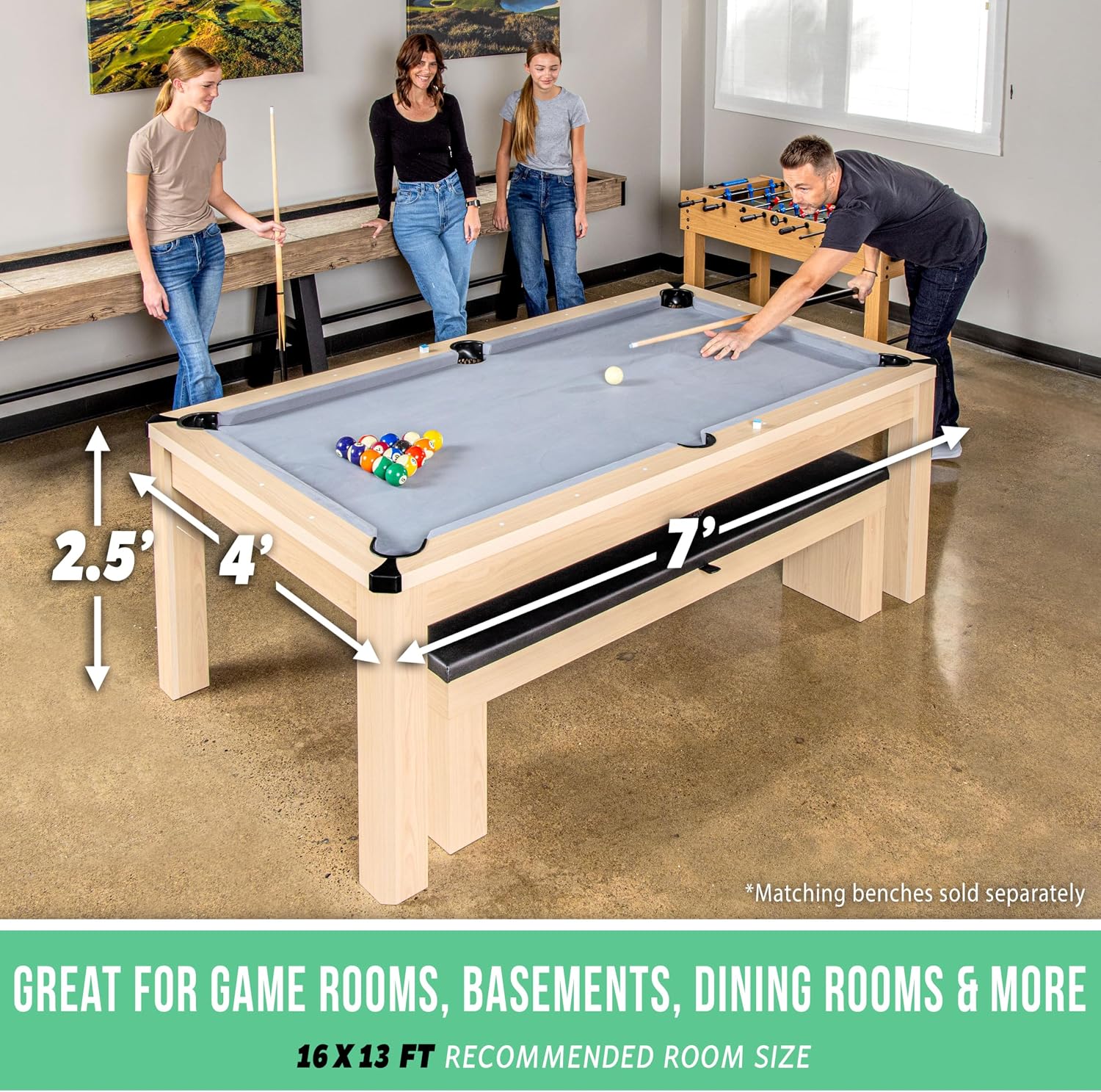 GoSports 3 in 1 Pool, Dining, & Table Tennis Combo Table and Storage Benches - 7 ft or 8 ft - Convertible Billiards and Table Tennis with Accessories