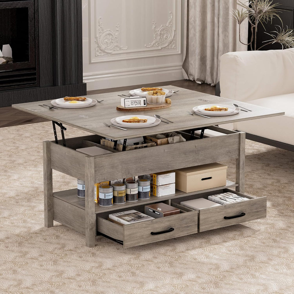 SYESWAY 42'' Lift Top Coffee Table, 4-in-1 Multifunctional Lift Coffee Table with Storage & Hidden Compartments, Farmhouse Coffe Table with Lifting top for Living Room, Dining Reception Room, Grey