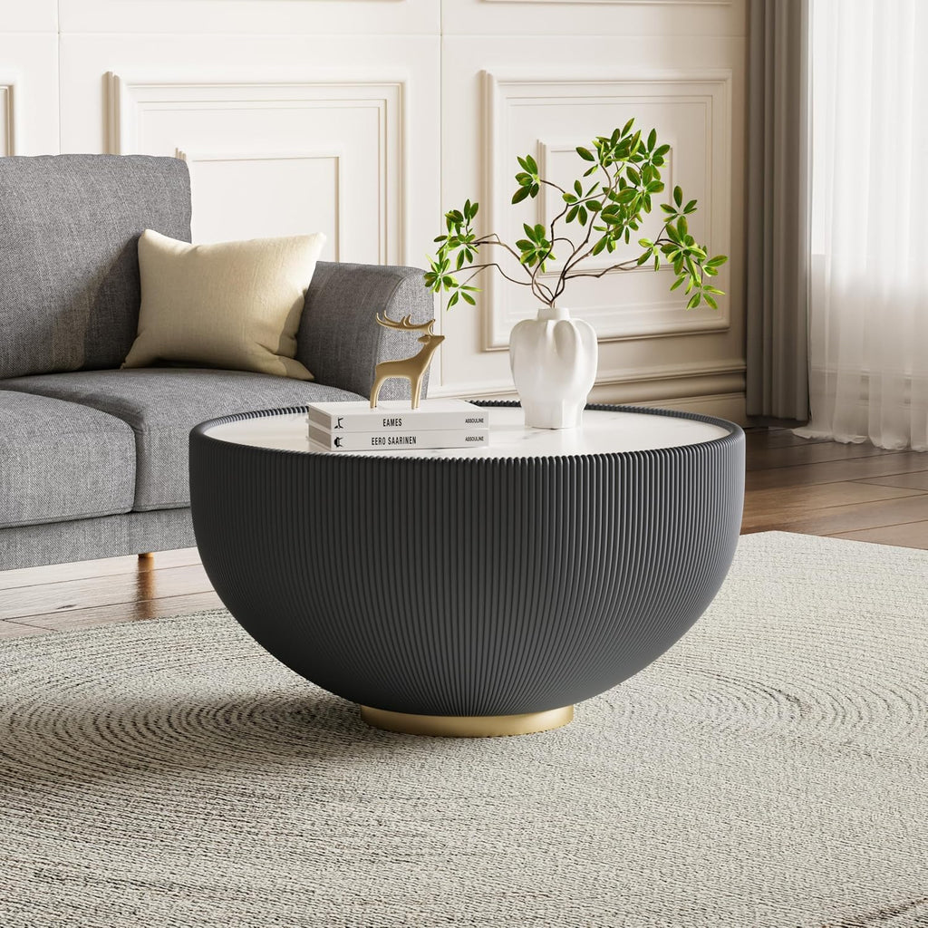 Round Coffee Table Set with Sintered Stone Tabletop, 27.56' Grey Drum Center Table and 19.69' Orange Coffee Table Set, 2 Pieces Living Room Table Set with Fluted PU Leather Cover& Metal Base