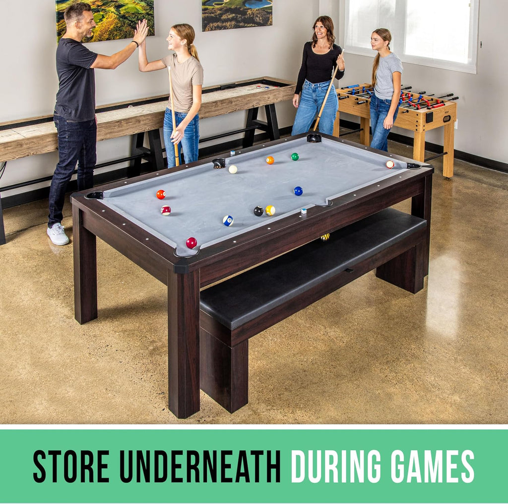 GoSports 3 in 1 Pool, Dining, & Table Tennis Combo Table and Storage Benches - 7 ft or 8 ft - Convertible Billiards and Table Tennis with Accessories