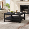 Henf 34.7' Square Coffee Table, Large 2-Tier Solid Wood Coffee Table with Open Storage Shelf and Soft Rounded Corner, Wood Cocktail Center Tea Coffee Tables for Living Meeting Room,Black