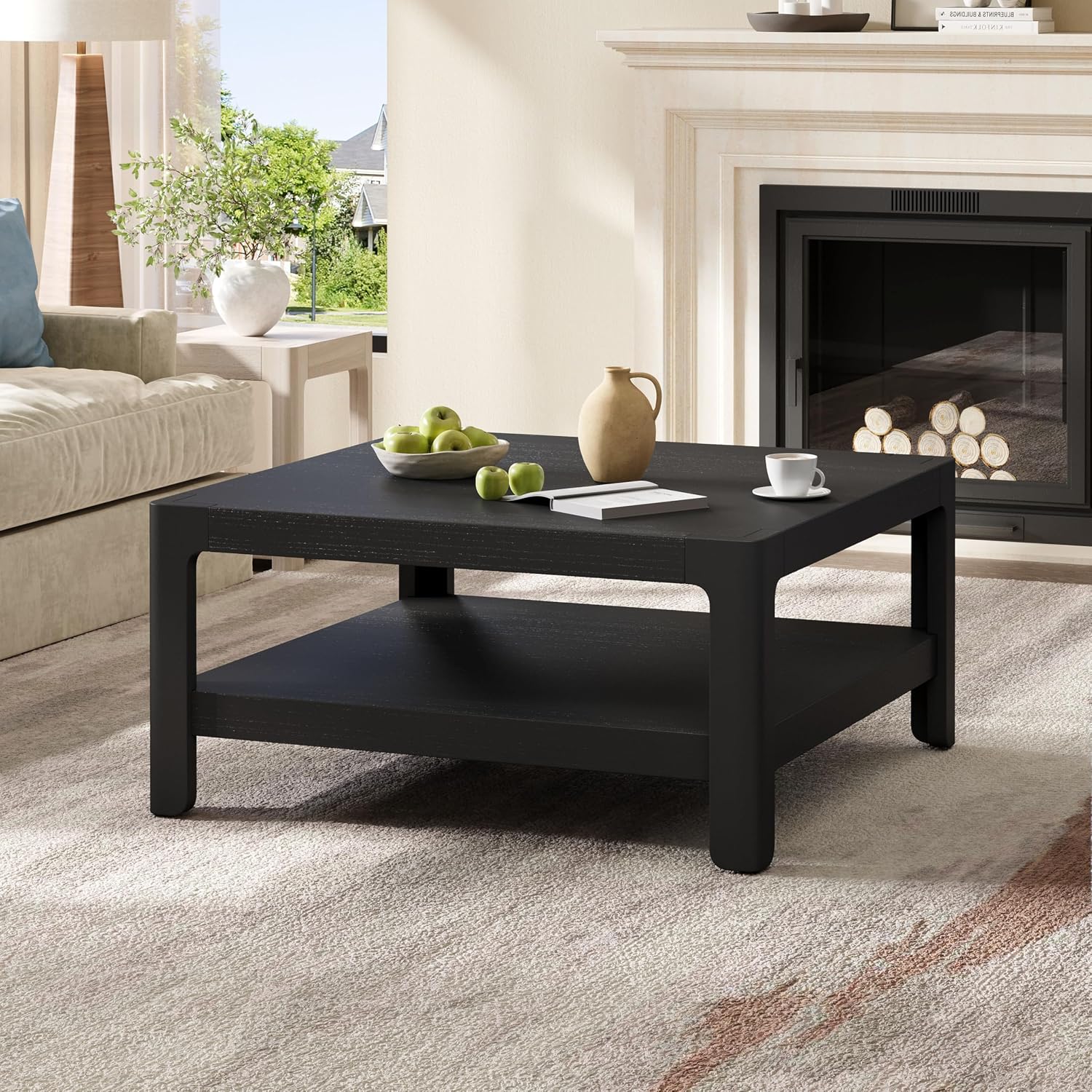 Henf 34.7' Square Coffee Table, Large 2-Tier Solid Wood Coffee Table with Open Storage Shelf and Soft Rounded Corner, Wood Cocktail Center Tea Coffee Tables for Living Meeting Room,Black
