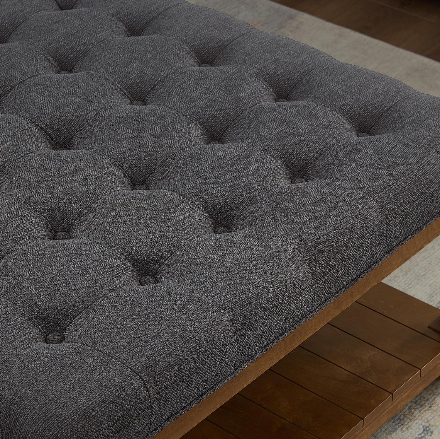 GDFStudio Large Square Upholstered Tufted Linen Ottoman Coffee Table with Solid Wood Frame and Open Storage Shelf, Nailhead Trim Accent Footrest for Living Room, Charcoal