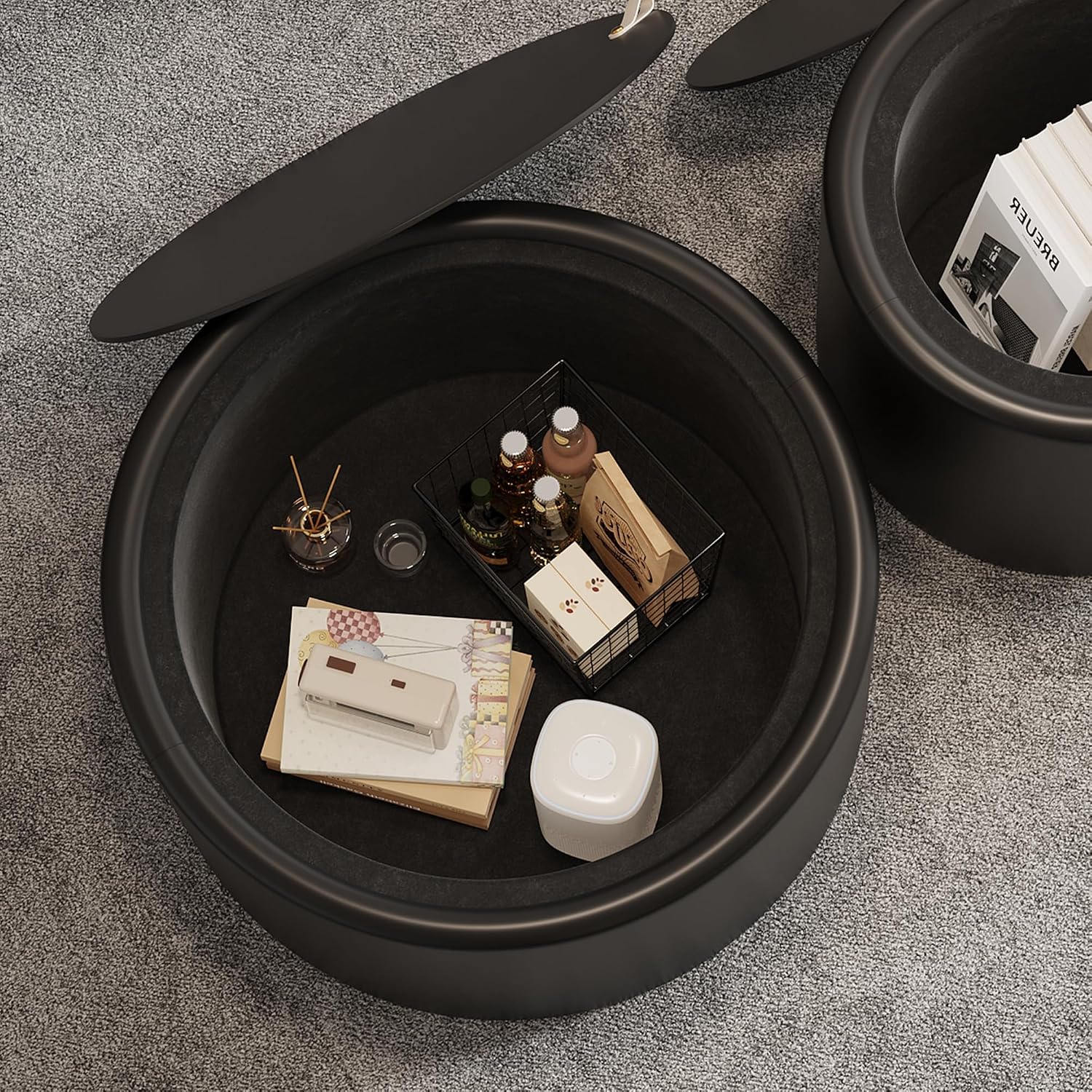 Round Coffee Table Set with Hidden Storage, 27.56' Black Drum Center Table and 19.69' Black Coffee Table Set, 2 Pieces Living Room Table Set with Tempered Glass Top and PU Leather Body