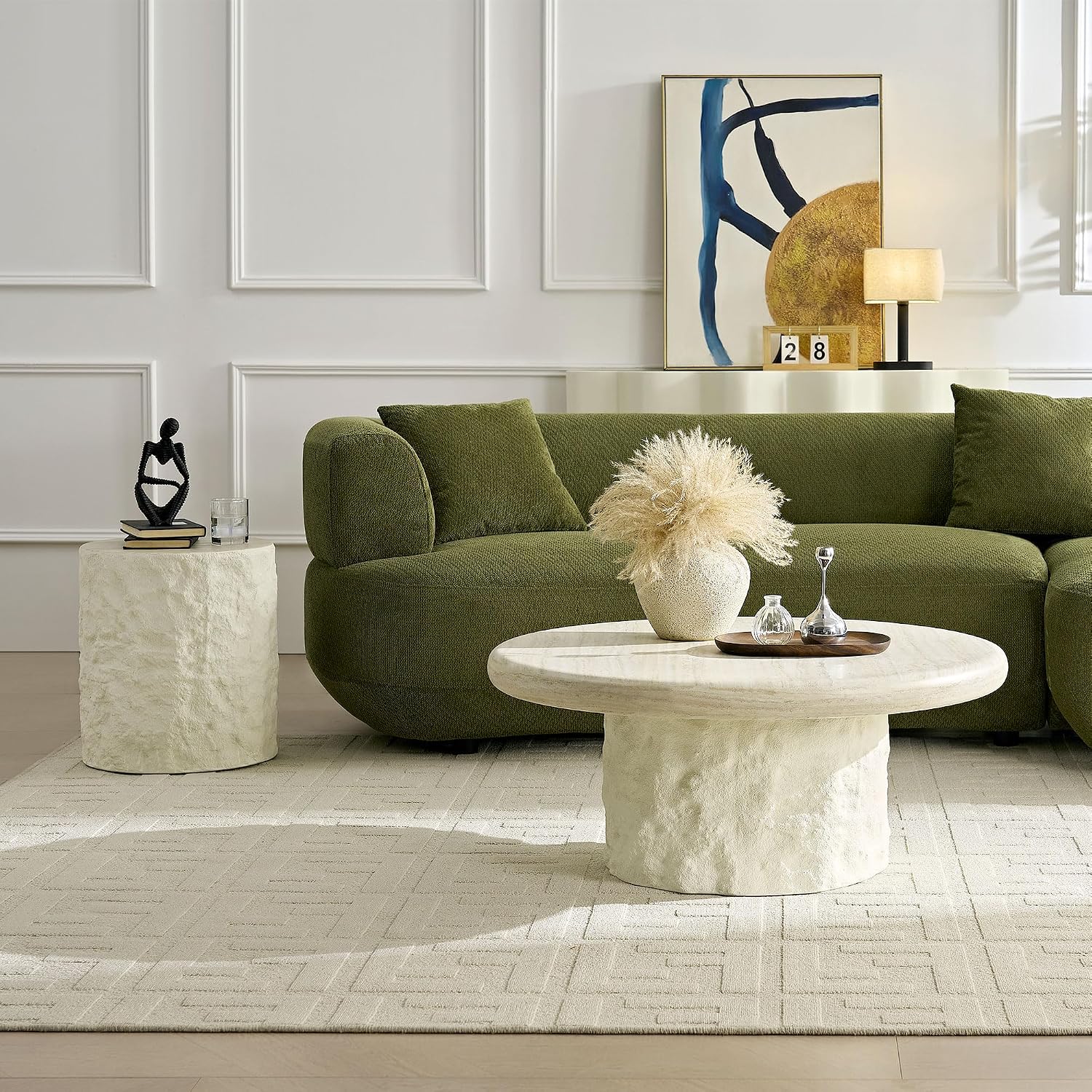 JUSTONE Set of 2 Round Coffee Tables, Modern Minimalist Fiberglass Faux Mars Side End Tables for Living Room Office, Beige