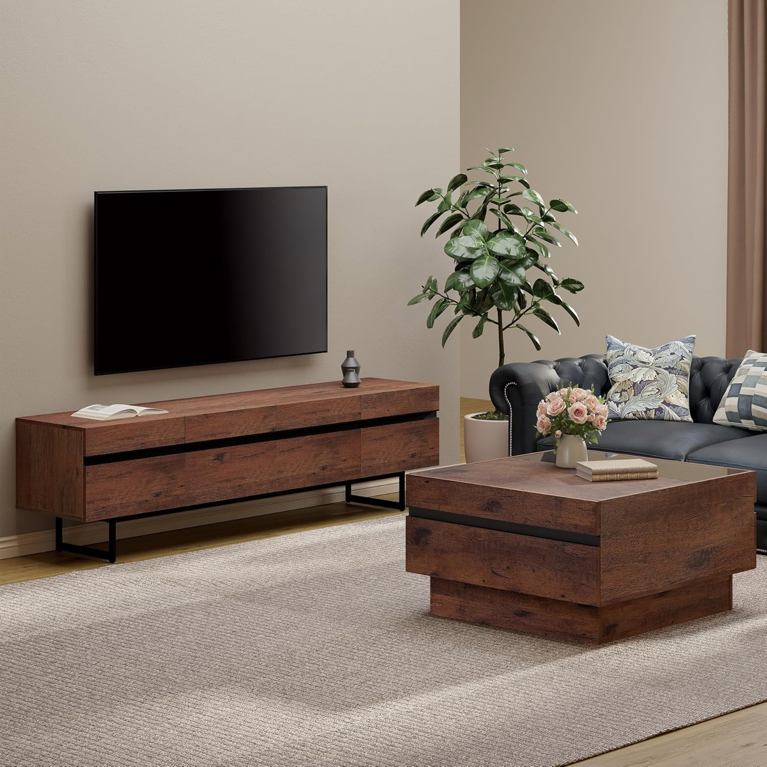 WAMPAT Modern TV Stand and Coffee Table Set of 2, Storage Entertainment Center for TVs Up to 75 inch, Square Center Table with Tempered Glass and Storage Drawers for Living Room, Brown