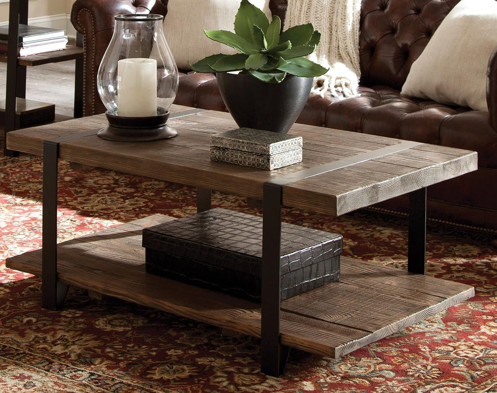 Alaterre Furniture Stowe 42-Inch Reclaimed Wood Coffee Table, Durable Metal Legs, Unique Wrapped Metal Strap Design, Rustic Brown, Ideal for Living and Office Spaces