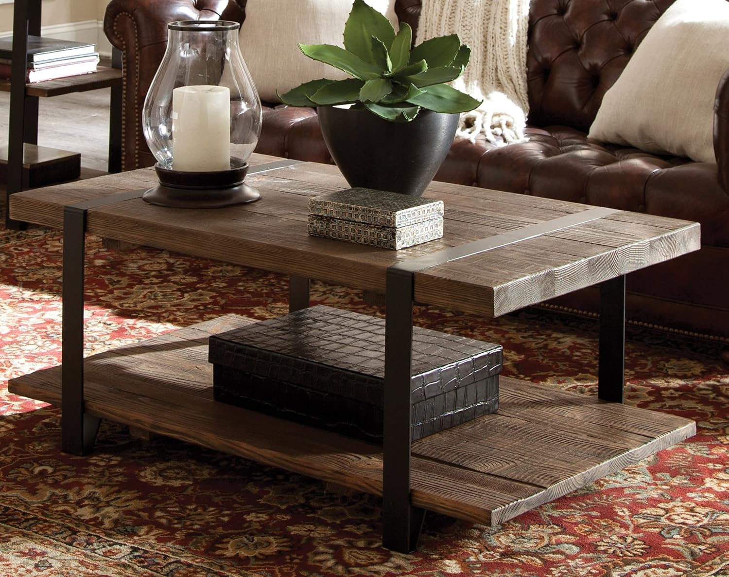 Alaterre Furniture Stowe 42-Inch Reclaimed Wood Coffee Table, Durable Metal Legs, Unique Wrapped Metal Strap Design, Rustic Brown, Ideal for Living and Office Spaces