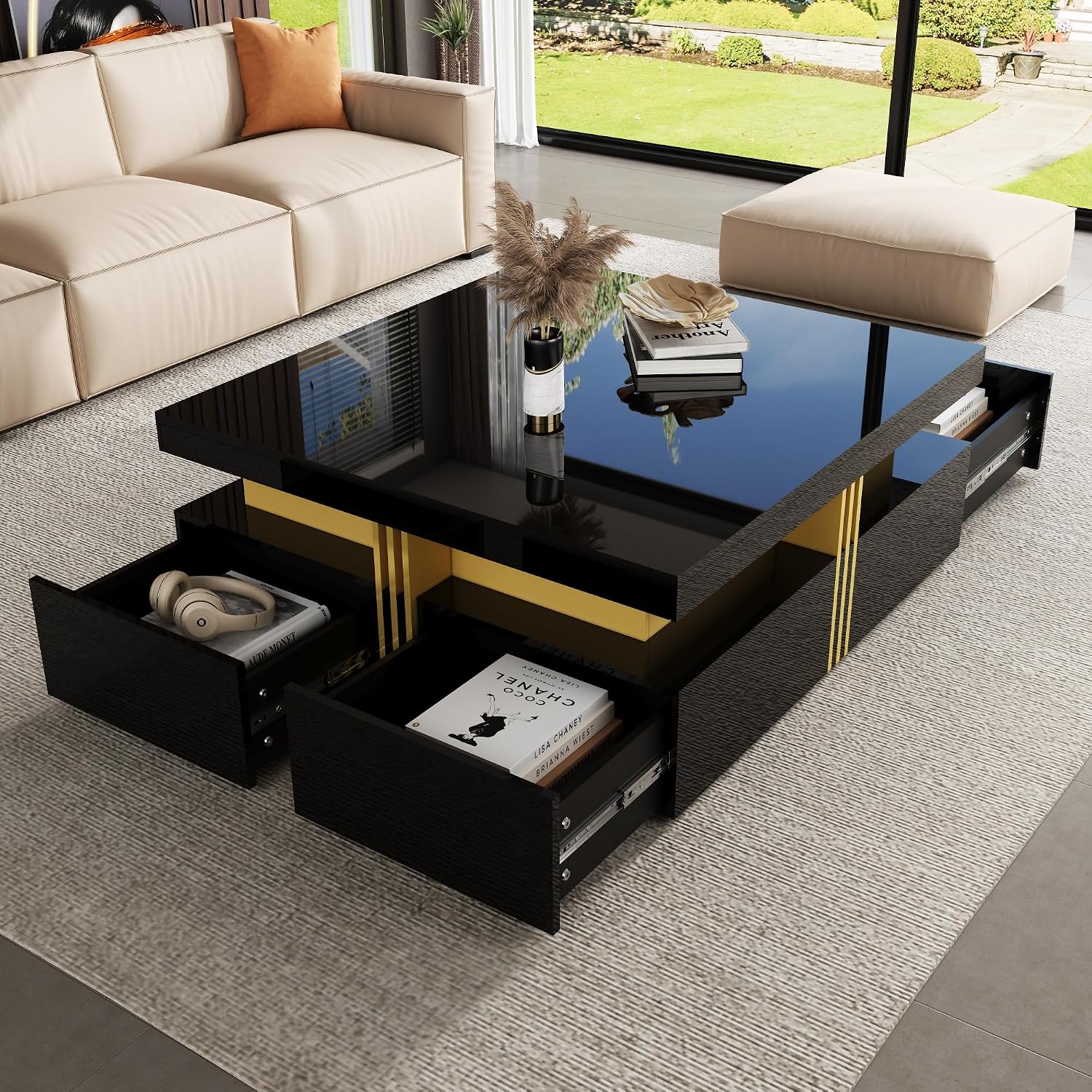 Merax 43.3' Modern Glossy Square Storage Coffee Table with 4 Drawers, Gold Accents, Functional Center Tables for Living Room Apartment, Glossy Black