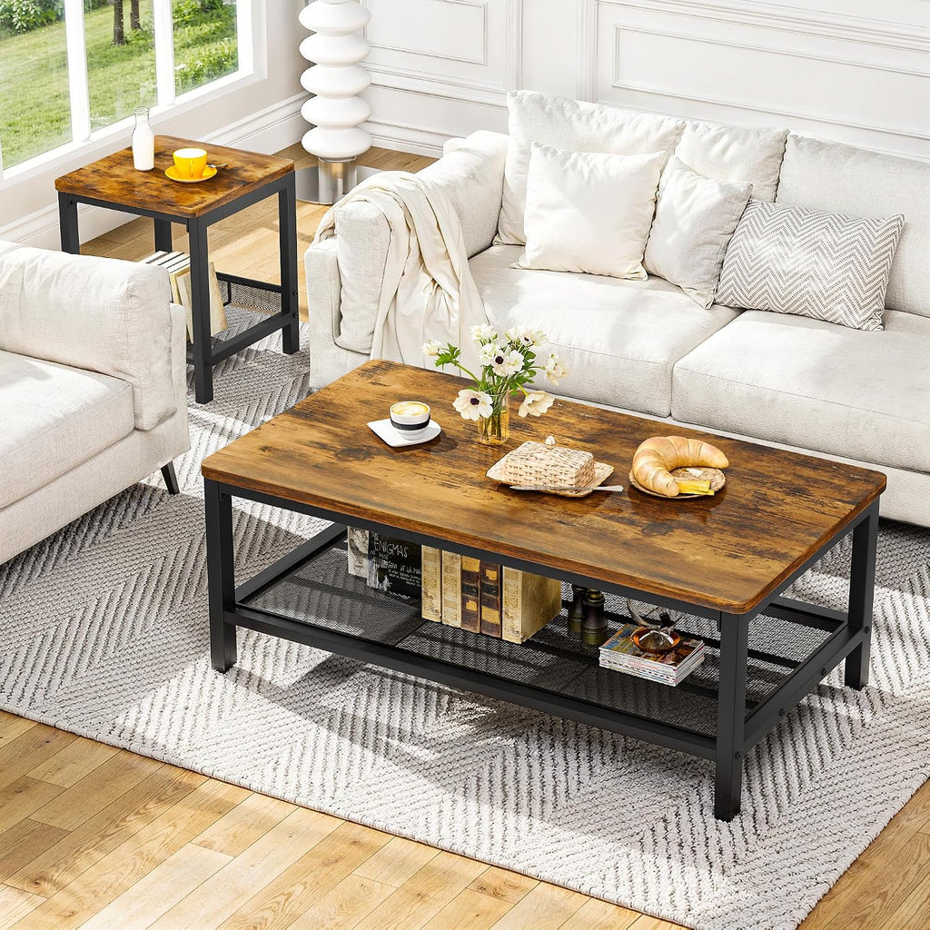 Recaceik 3-Piece Living Room Coffee Table Set, Industrial Coffee Table with 2 Square End Side Tables, Modern Living Room Table Set with Metal Frame for Apartment Home Office (Rustic Brown)