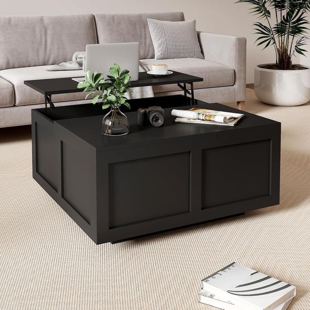 HedoAjim Lift Top Coffee Table with Storage, 31.5' Square Black Coffee Table with Large Hidden Storage, Wood Living Room Table Center Table for Living Room Dining Reception Room