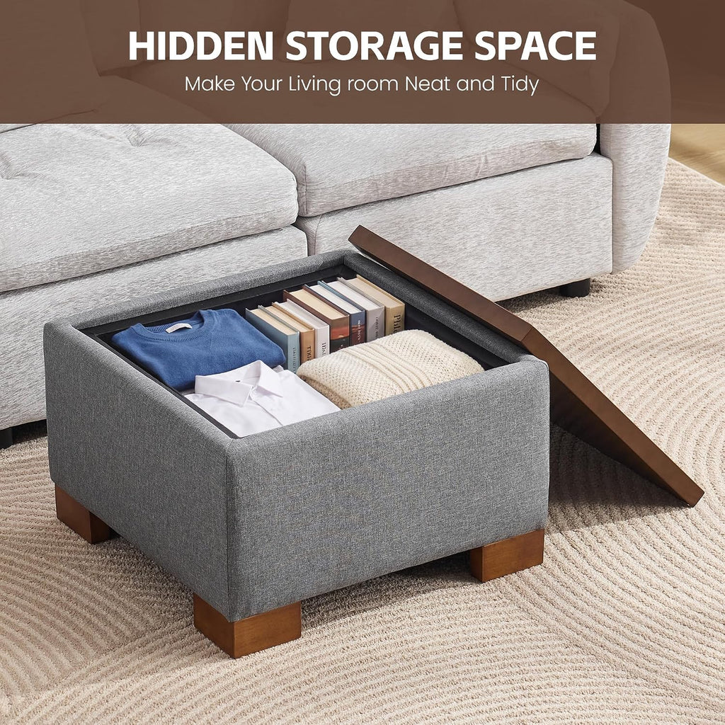 WUTUTUEE 24' Square Ottoman Coffee Table with Storage, Fabric Ottomans with Tray and Solid Wood Legs for Living Room, Bedroom and Apartments, Small Modern Ottoman Tea Table with Lift-Off Lid, Grey