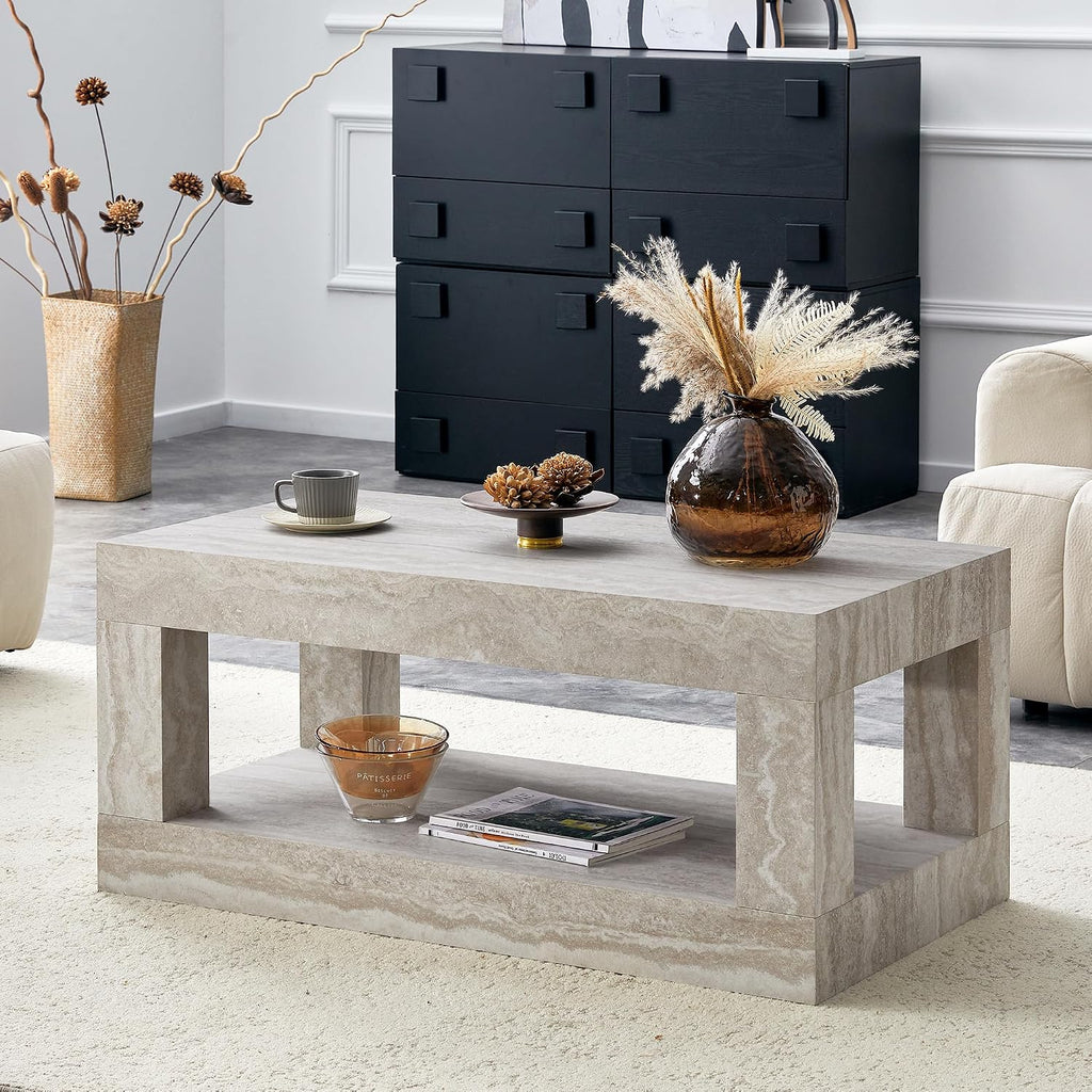 39.4' Faux Mars Coffee Table with Storage, 2-Tier Travertine Coffee Table with Thick Tabletop, Mid Century Travertine Cocktail Center Tea Tables with Bottom Shelf for Living Room, Office, Apartment
