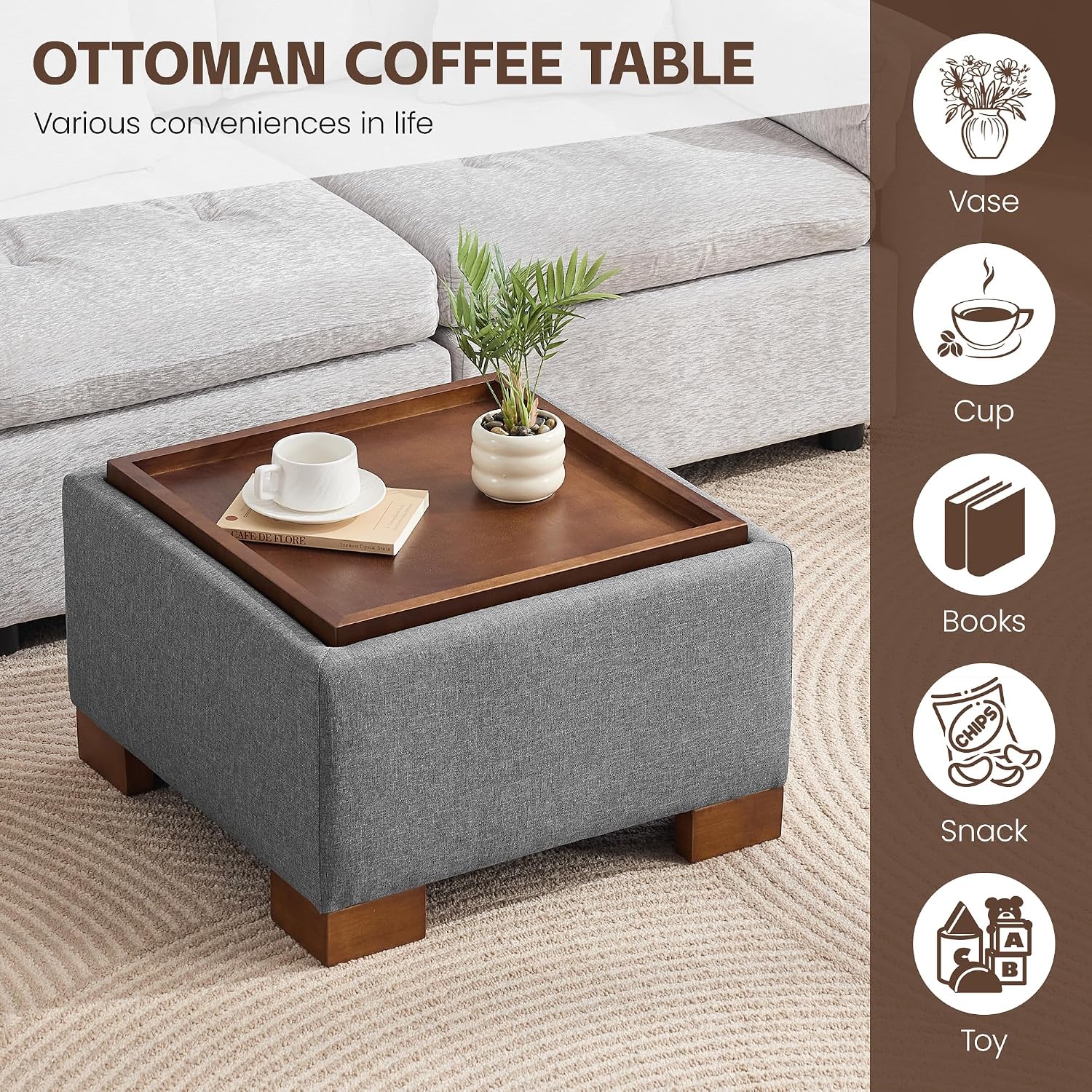 WUTUTUEE 24' Square Ottoman Coffee Table with Storage, Fabric Ottomans with Tray and Solid Wood Legs for Living Room, Bedroom and Apartments, Small Modern Ottoman Tea Table with Lift-Off Lid, Grey