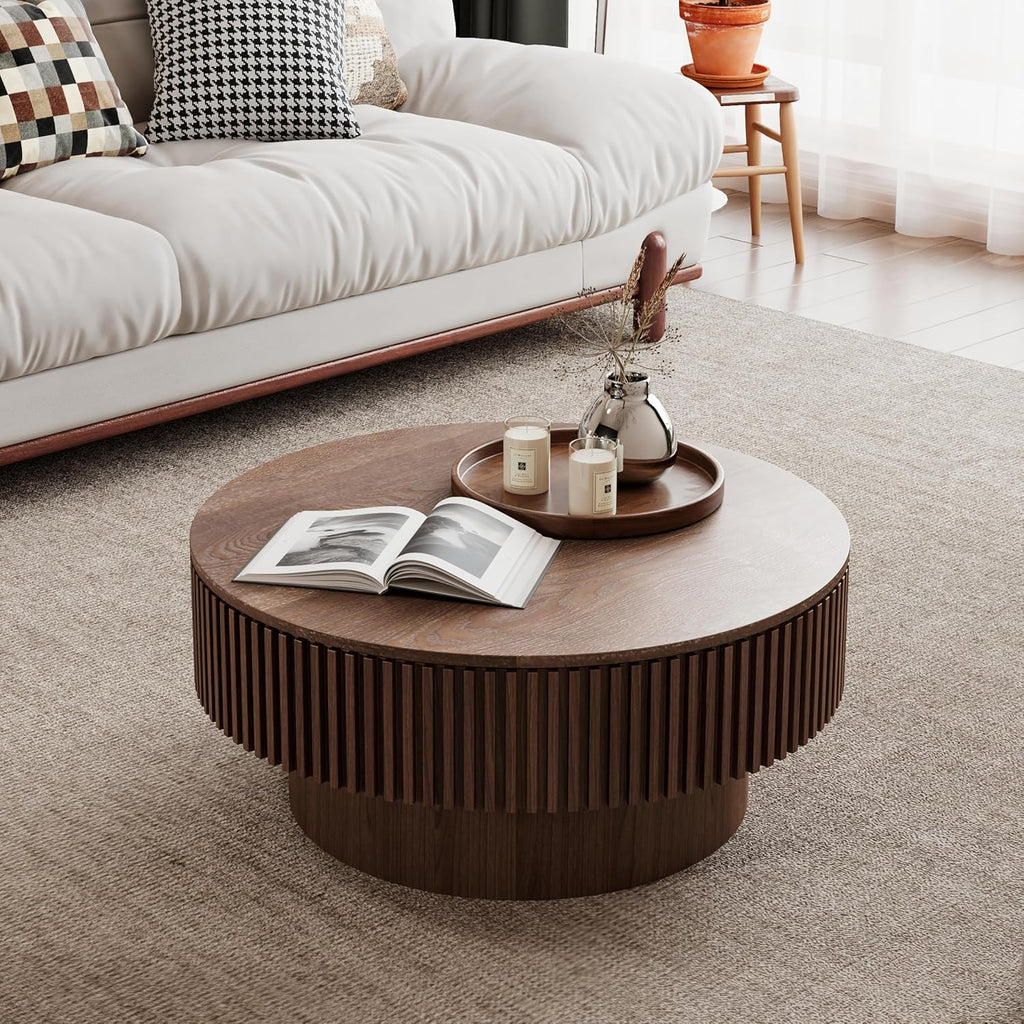 JUSTONE 31.5' Round Coffee Table,Farmhouse Wood Coffee Table with Storage for LivingRoom,Apartment,Office,Walnut
