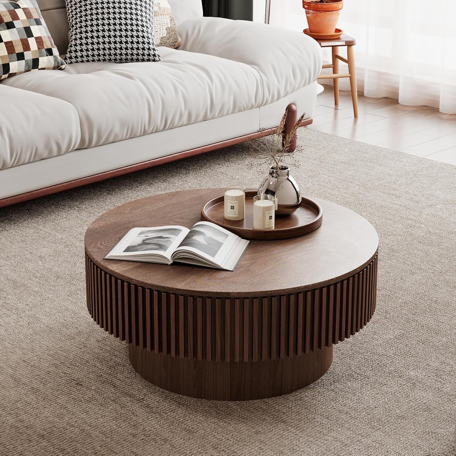 JUSTONE 31.5' Round Coffee Table,Farmhouse Wood Coffee Table with Storage for LivingRoom,Apartment,Office,Walnut