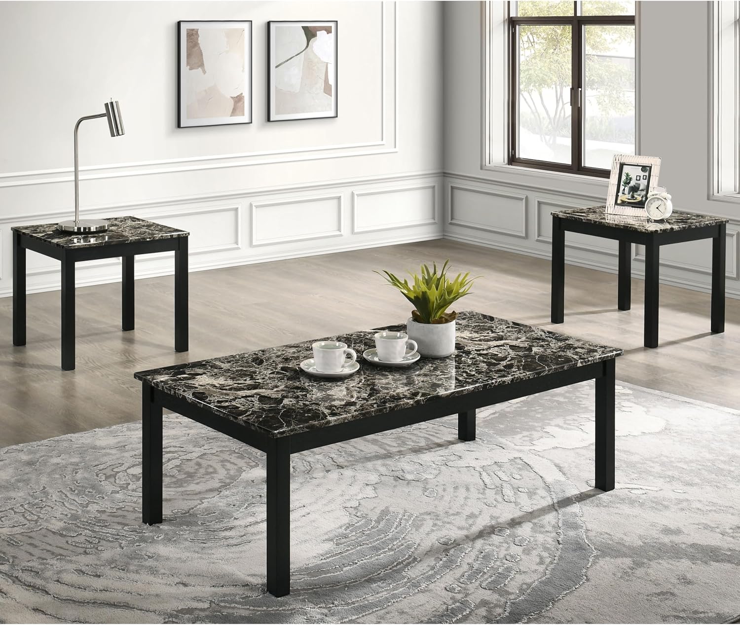 Furniture of America Isime Modern Contemporary Solid Wood 47.5-inch 3-Piece Coffee Table Set with Faux Marble Top for Living Room, Office, Black and White