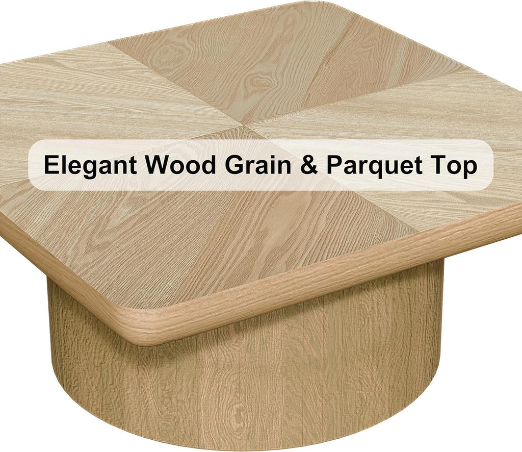 KEIKI 34.6' Square Coffee Table, Wood Table with Thick Parquet Veneer Top, Cylindrical Base Modern Coffee Table for Living Room, Office or Side Table, Natural Wood