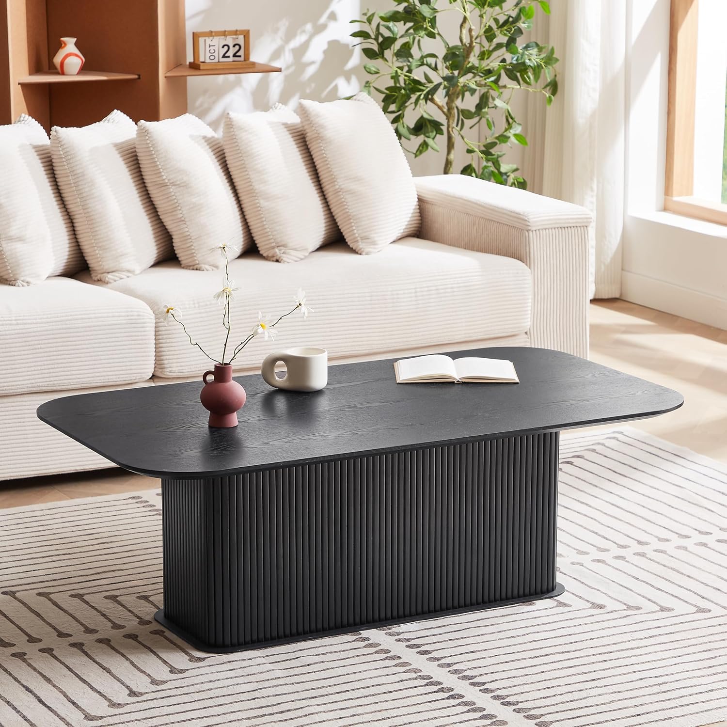 Coffee Table, Modern Wooden Coffee Table Rectangle Center Table with Solid Wood Veneered, Black