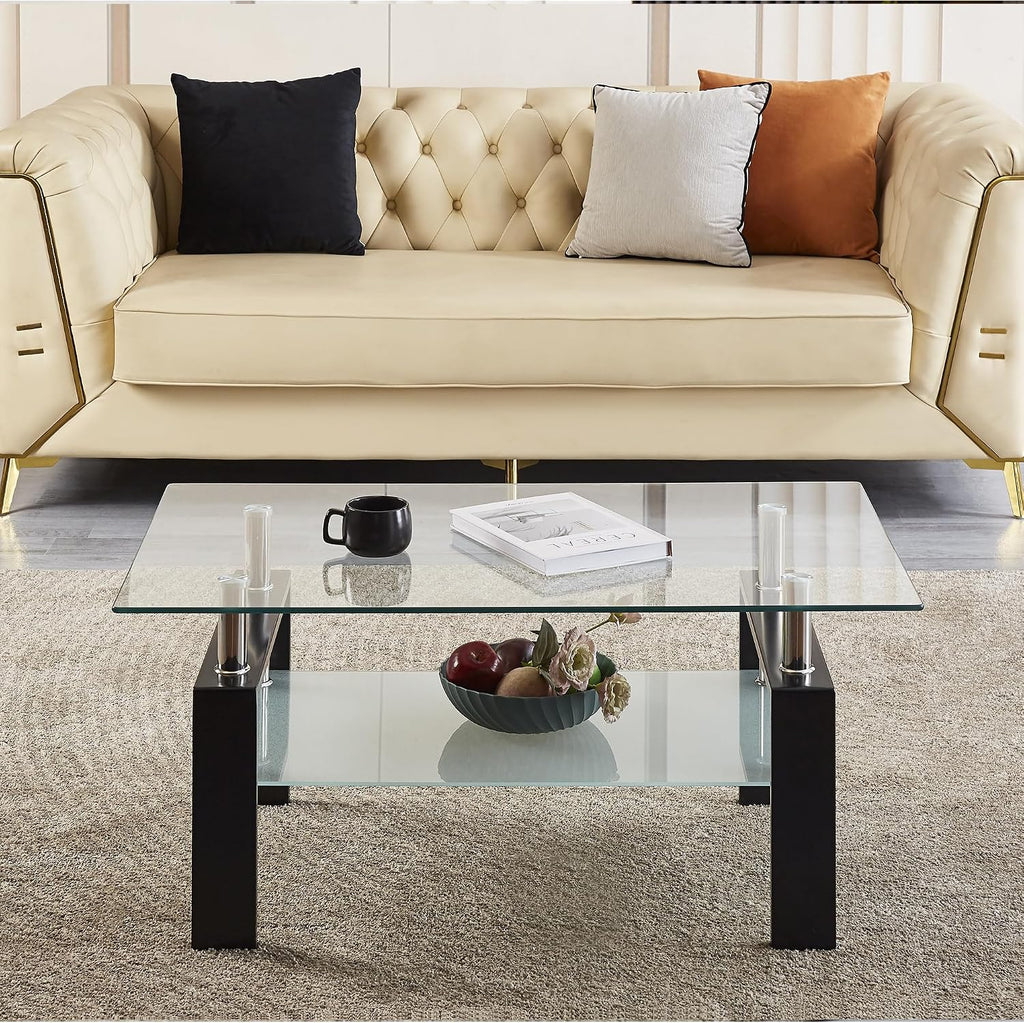 Glass Coffee Table Set of 3, Modern Clear Coffee and End Tables Set with Black Metal Legs, Small Waterfall Glass Coffee Table Set for Living Room, 3 PCS