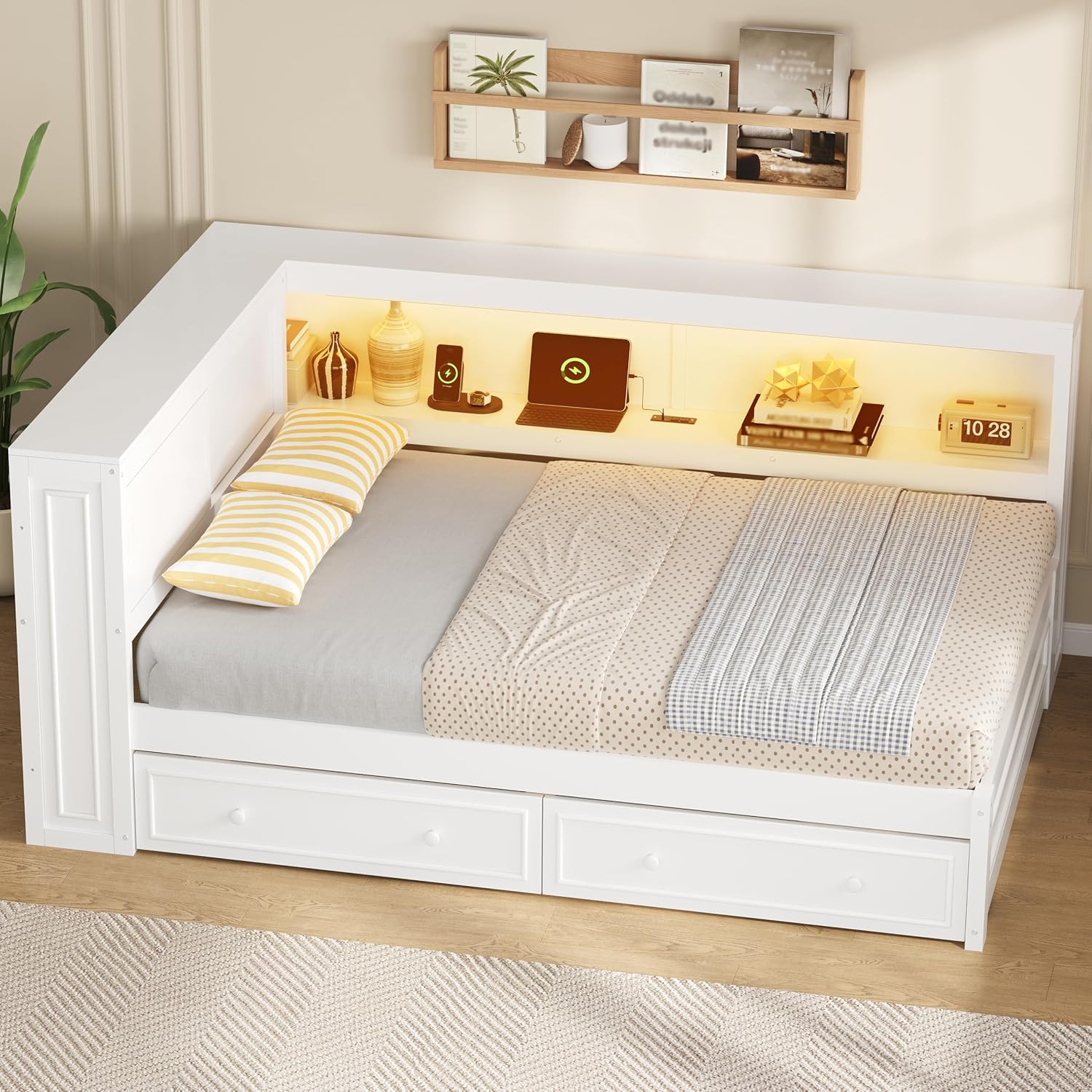 RuiSiSi Full Corner Bed Frame with Bookshelf and Drawers, Wood Daybed Full Size with Charging Station and Led, White