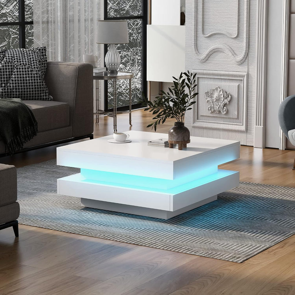 Square Coffee Table, Modern High Gloss White Coffee Table with Plug-in 16-Color LED Lights, 2-Tier Center Table for Living Room, White
