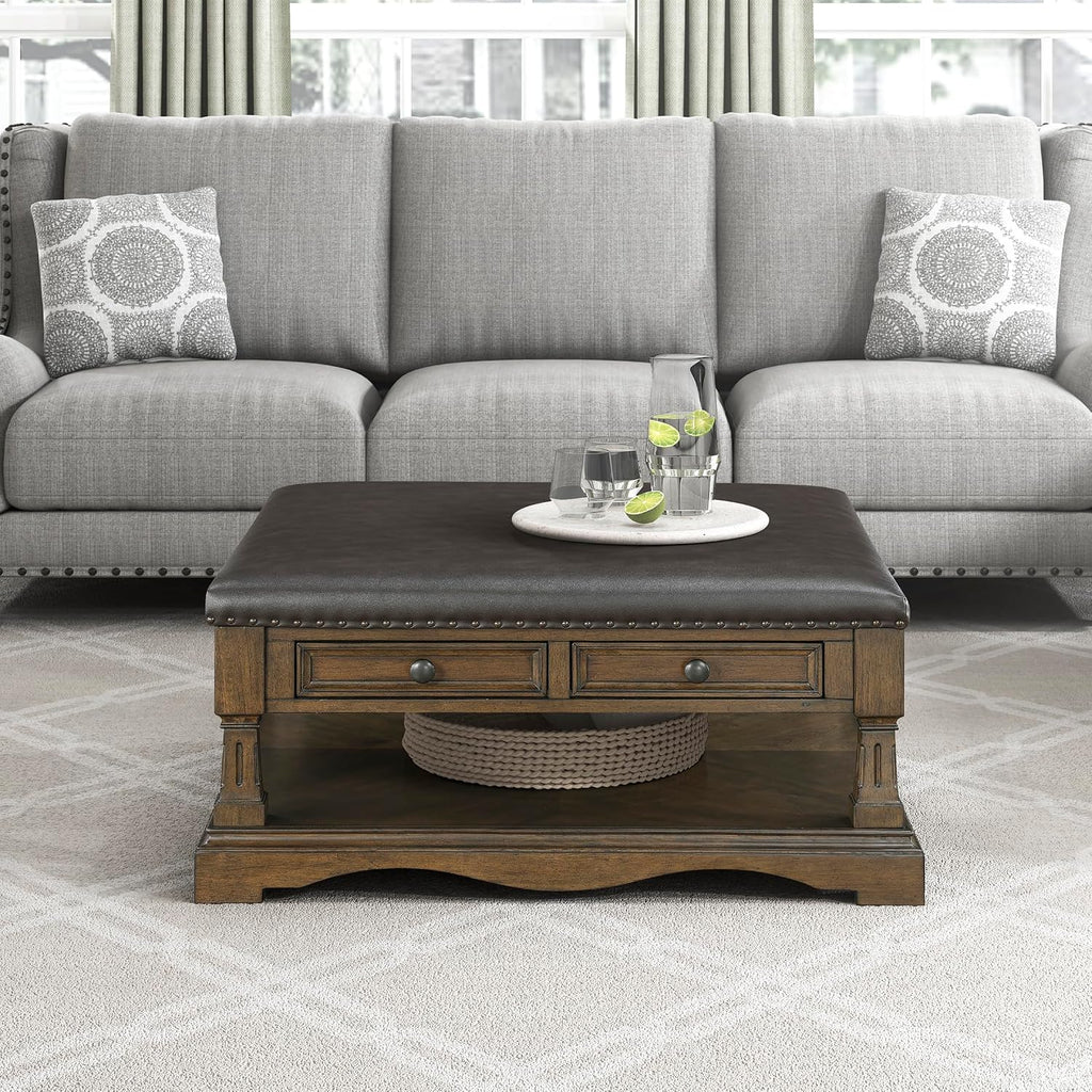 Lexicon 39 Inch Wood Coffee Table with 4 Drawers, Lower Open Shelf, Casters, Square Ottoman Coffee Table, Faux Leather Cocktail Ottoman, Nailhead Trim, Footrest for Living Room, Easy Assembly, Brown