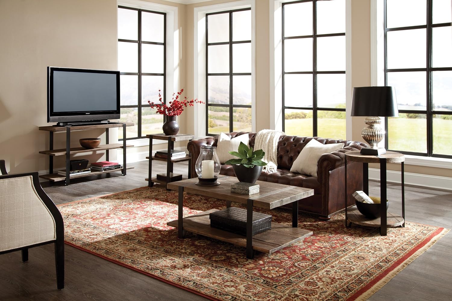 Alaterre Furniture Stowe 42-Inch Reclaimed Wood Coffee Table, Durable Metal Legs, Unique Wrapped Metal Strap Design, Rustic Brown, Ideal for Living and Office Spaces