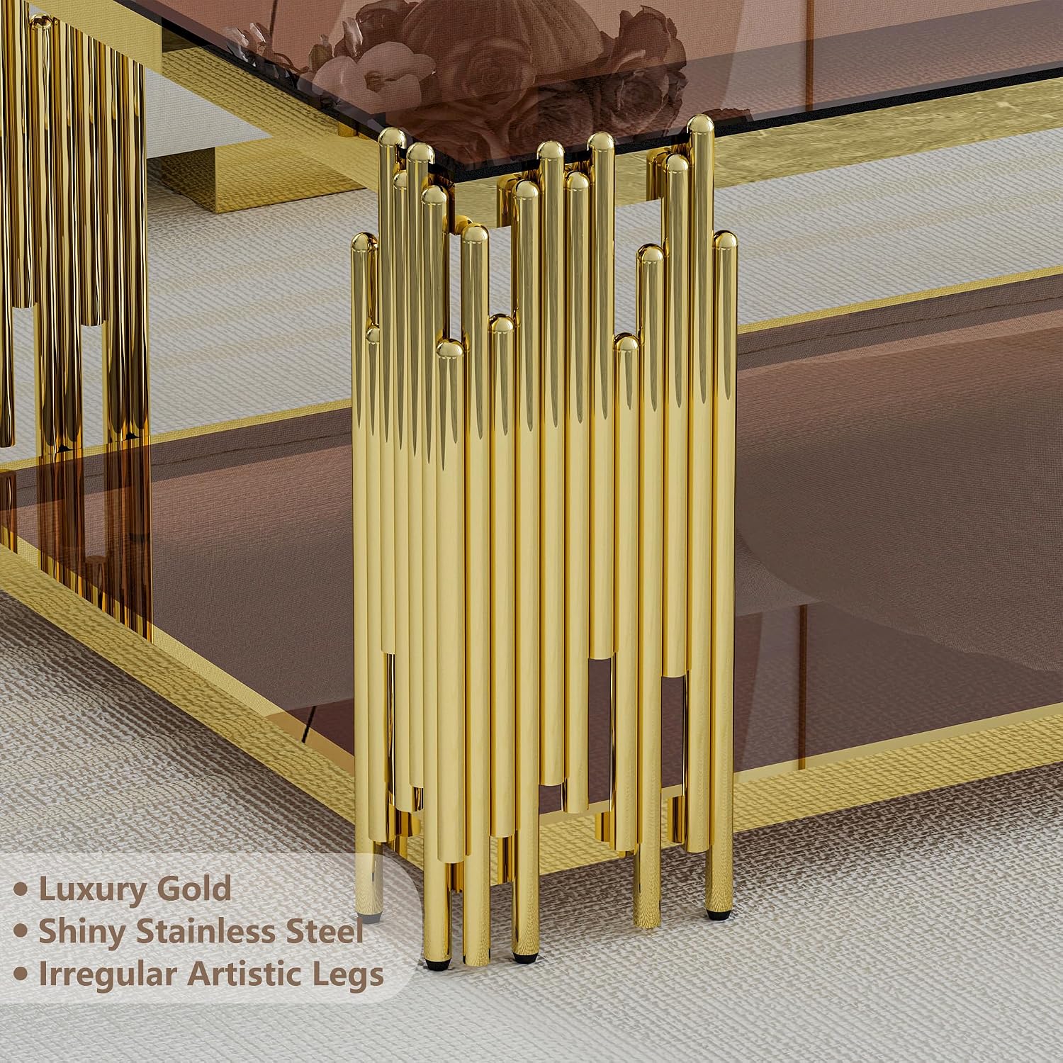 Brown Glass Coffee Table Modern Gold Living Room Table Luxury Stainless Steel Metal Leg 43' Rectangular Tempered Glass Center Tables for Home Office