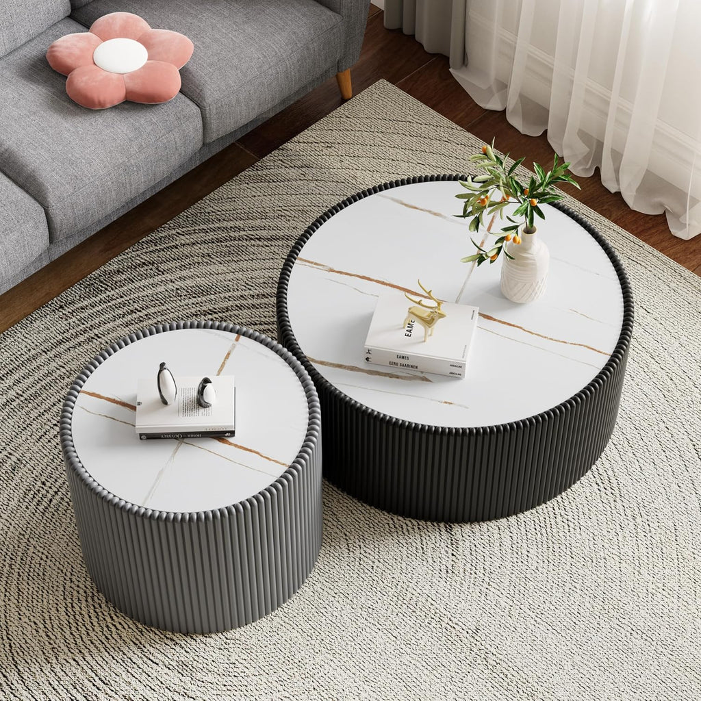 Round Coffee Table Set with Sintered Stone Tabletop, 29.52' Black Drum Center Table and 17.71' Grey Coffee Table Set, 2 Pieces Living Room Table Set with Fluted PU Leather Cover& Stable Base
